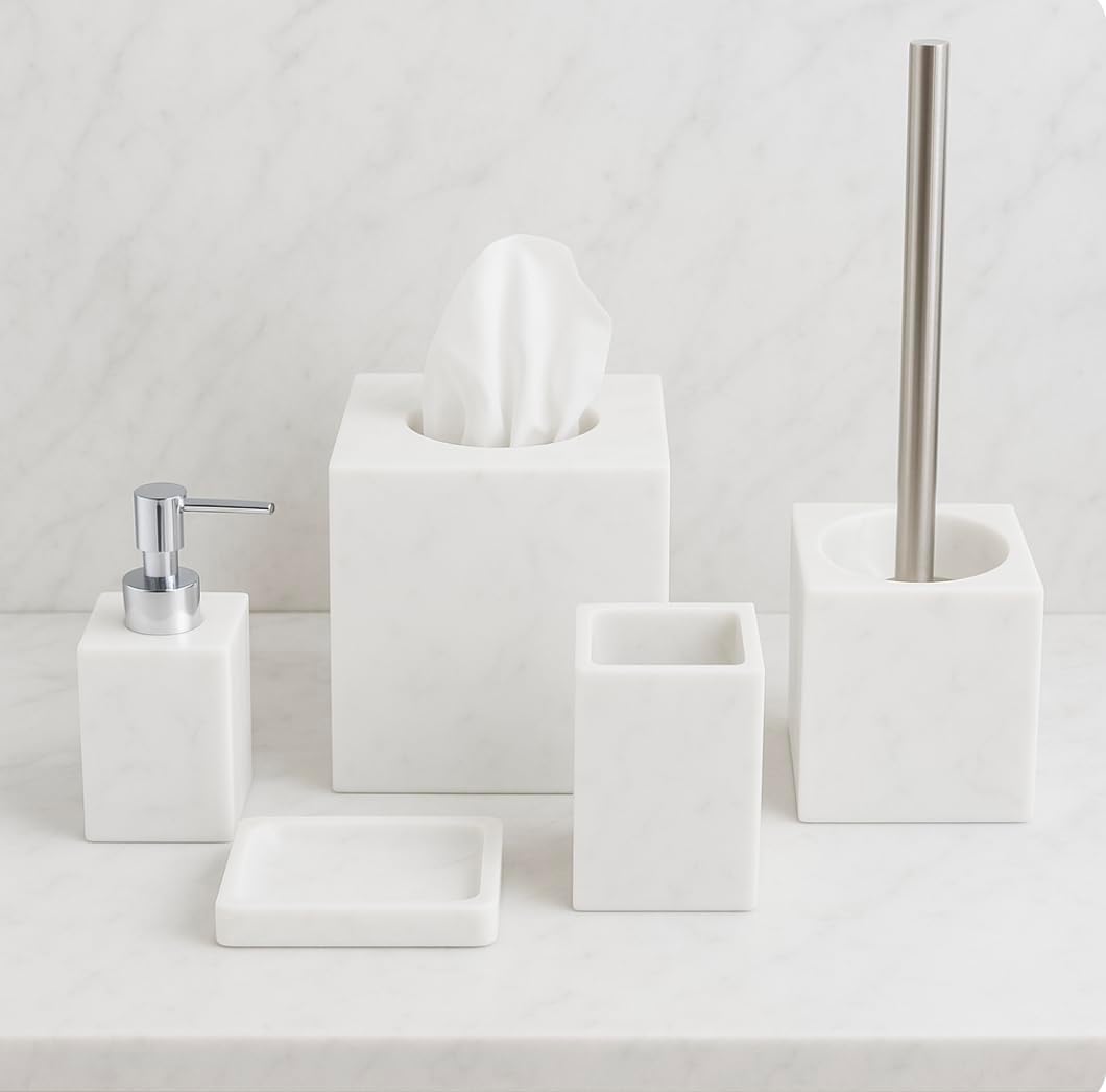 Kurrajong Farmhouse 5 Piece Bathroom Accessories Set Complete | Faux Marble and White Bathroom Accessory Set | Tissue Box, Toilet Brush, Soap Dish, Soap Dispenser, Toothbrush Holder