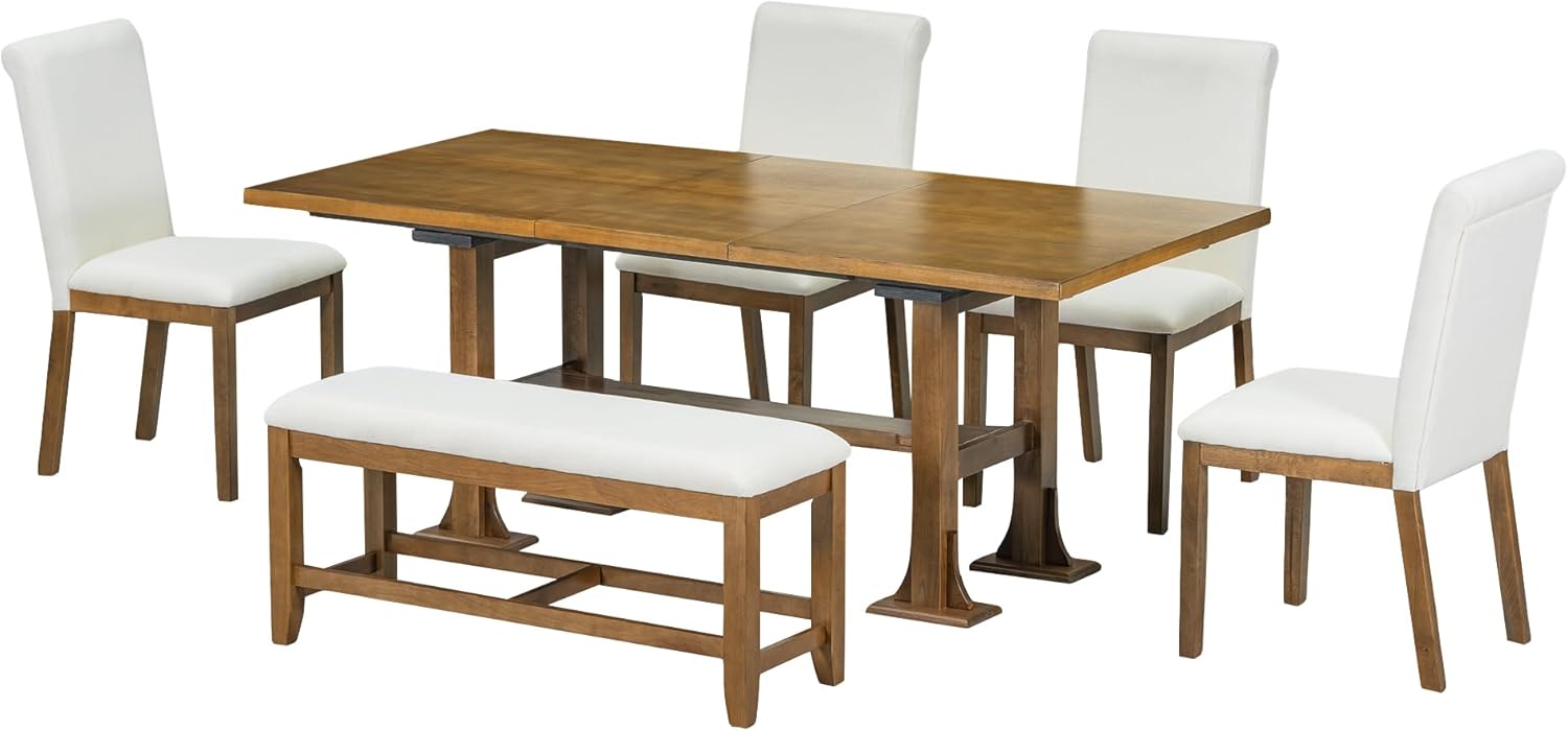 Merax 6-Piece Dining Table Set, 76 inch Extendable Table with 18inch Removable Leaf & Upholstered Chair & Bench, Wood Rectangular Dining Set, Farmhouse Kitchen Dining Table Set for 6(Dark Brown)