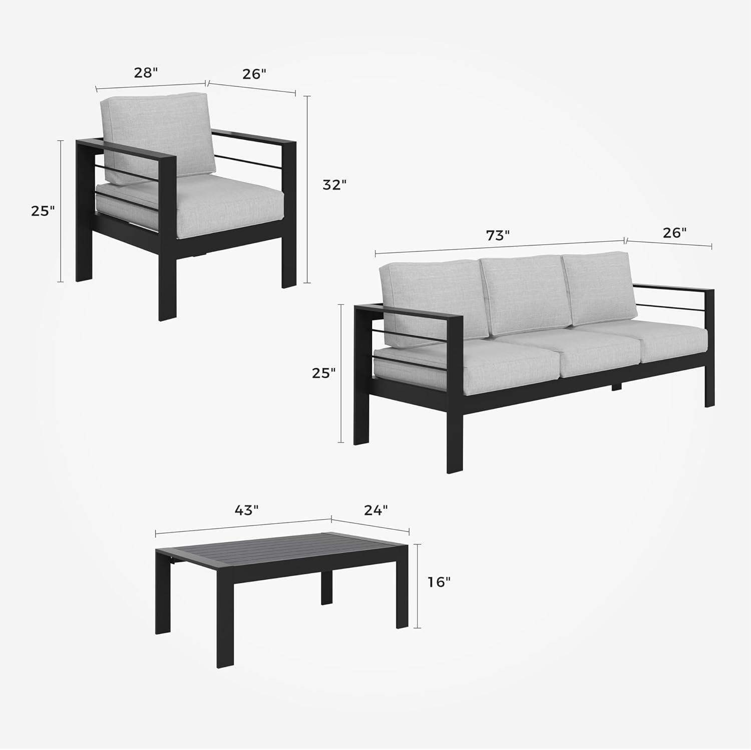 Solaste Aluminum Patio Furniture Set, 5 Seats Modern Outdoor Conversation Set Sectional Sofa with Upgrade Cushion and Coffee Table,Black Frame and Grey Cushion