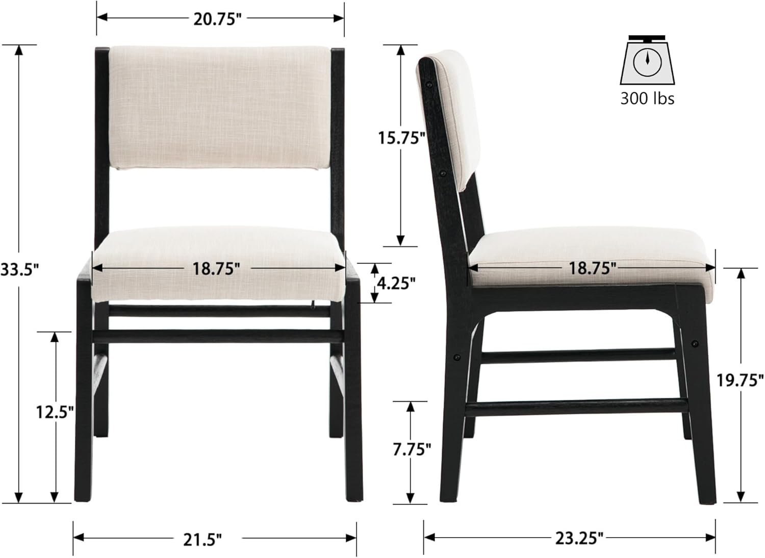 VESCASA Dining Chairs with Rectangular Cushion Back, Mid-Century Modern Padded Upholstered Dining Chairs with Black Wood Legs for Dining Room, Kitchen, Set of 4, Beige Linen