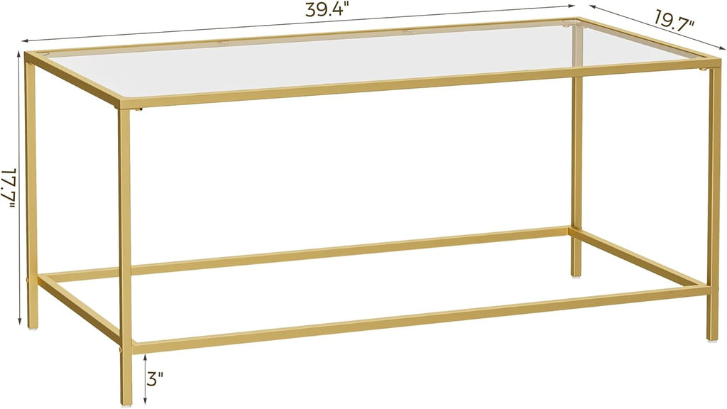Glass Coffee Table, Modern Rectangular Coffee Table for Living Room, Minimalist Center Tea Table with Sturdy Metal Frame for Apartment, Office, Easy Assembly, 39.4 x 19.7 x 17.7 Inches, Golden