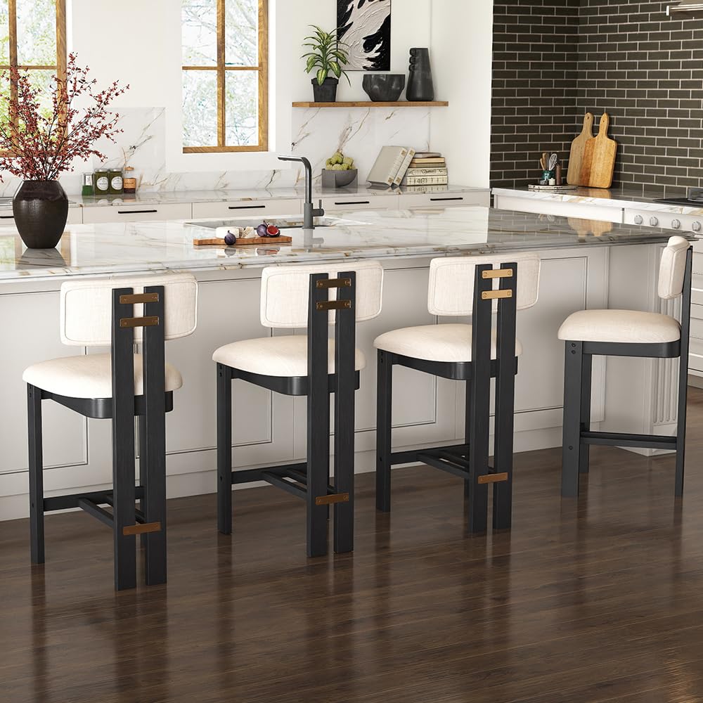26" Farmhouse Bar Stools Set of 4, Modern Armless Counter Height Kitchen Stools, Linen Upholstered Bar Chairs with Natural Wooden Legs, French Country Stools for Kitchen Island, Beige