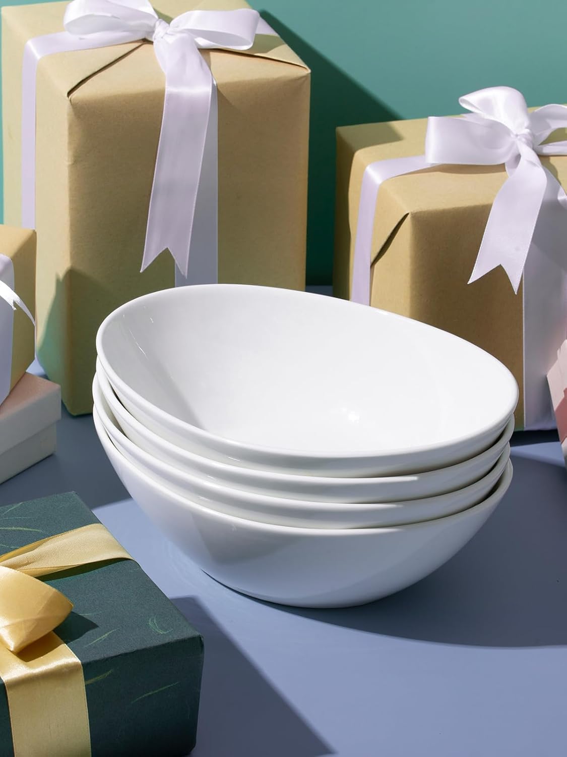 LIFVER 9" Serving Bowls for Wedding Decor, 36 OZ Porcelain Serving Dishes for Entertaining, Large Bowls Set for Soup Salad Side Dishes Pasta, Good Size for Dinner Party, Set of 4, White
