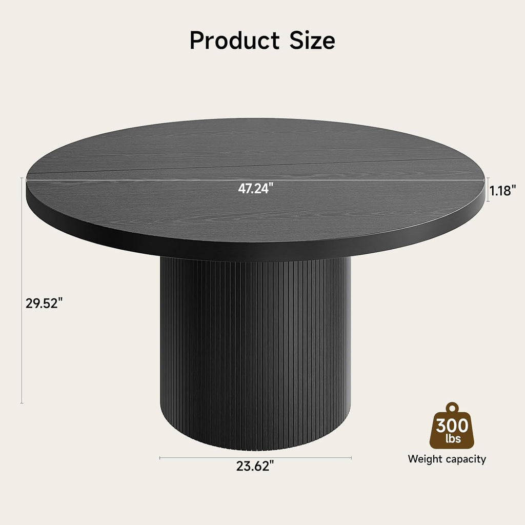 47 inch Round Dining Table for 4, Circle Kitchen Table with Wood Strip Base, Modern Farmhouse Dinner Tables for Kitchen, Living Room (Black)