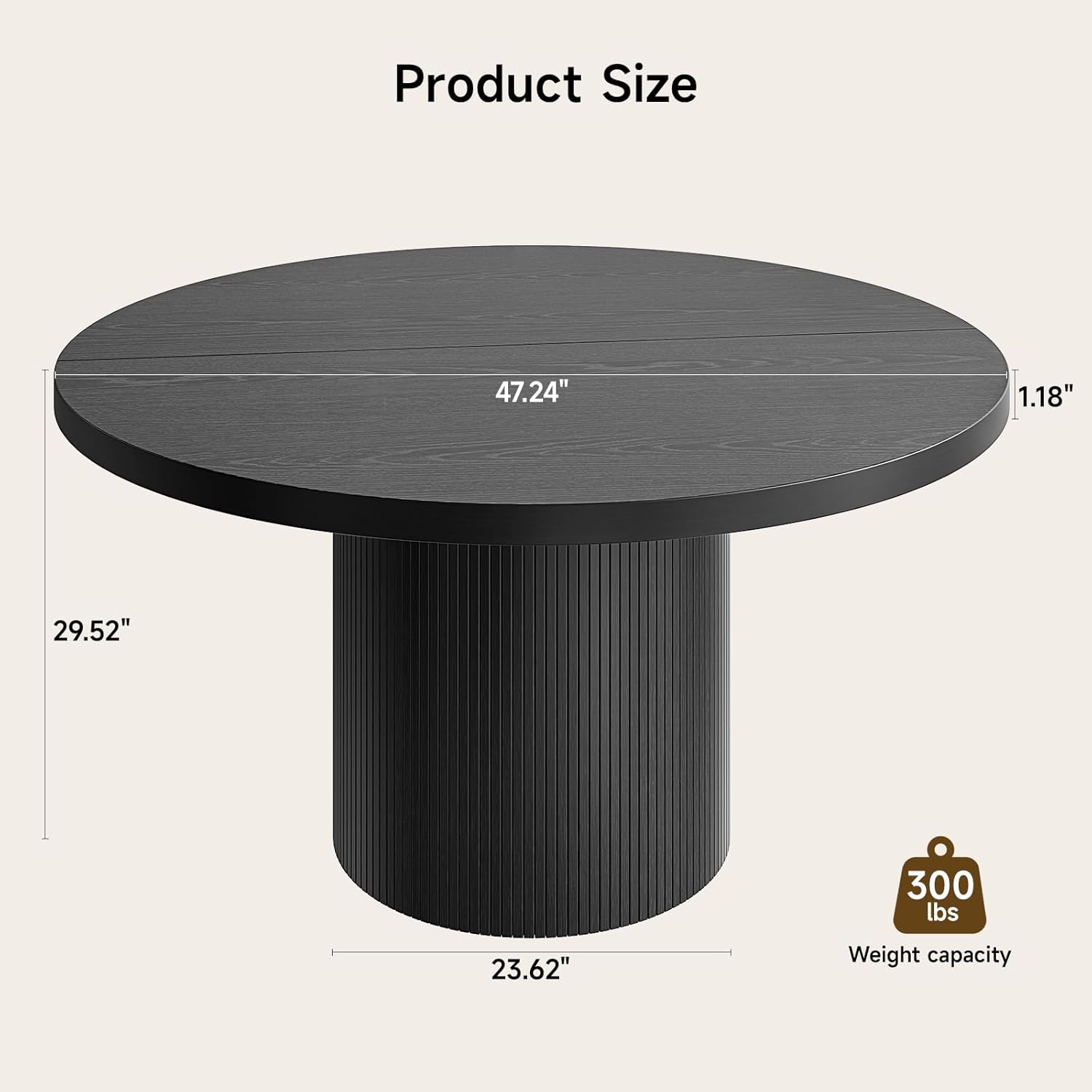 47 inch Round Dining Table for 4, Circle Kitchen Table with Wood Strip Base, Modern Farmhouse Dinner Tables for Kitchen, Living Room (Black)