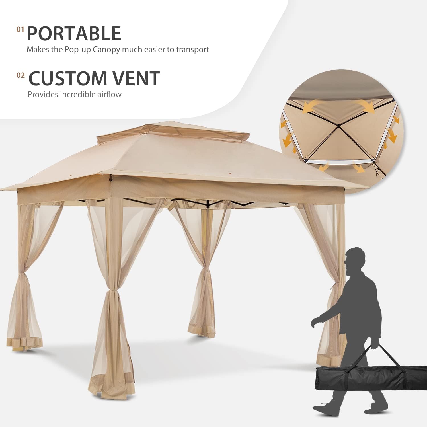 COOS BAY 11x11 Pop-Up Instant Gazebo Tent with Mosquito Netting Outdoor Canopy Shelter with 121 Square Feet of Shade (Khaki)