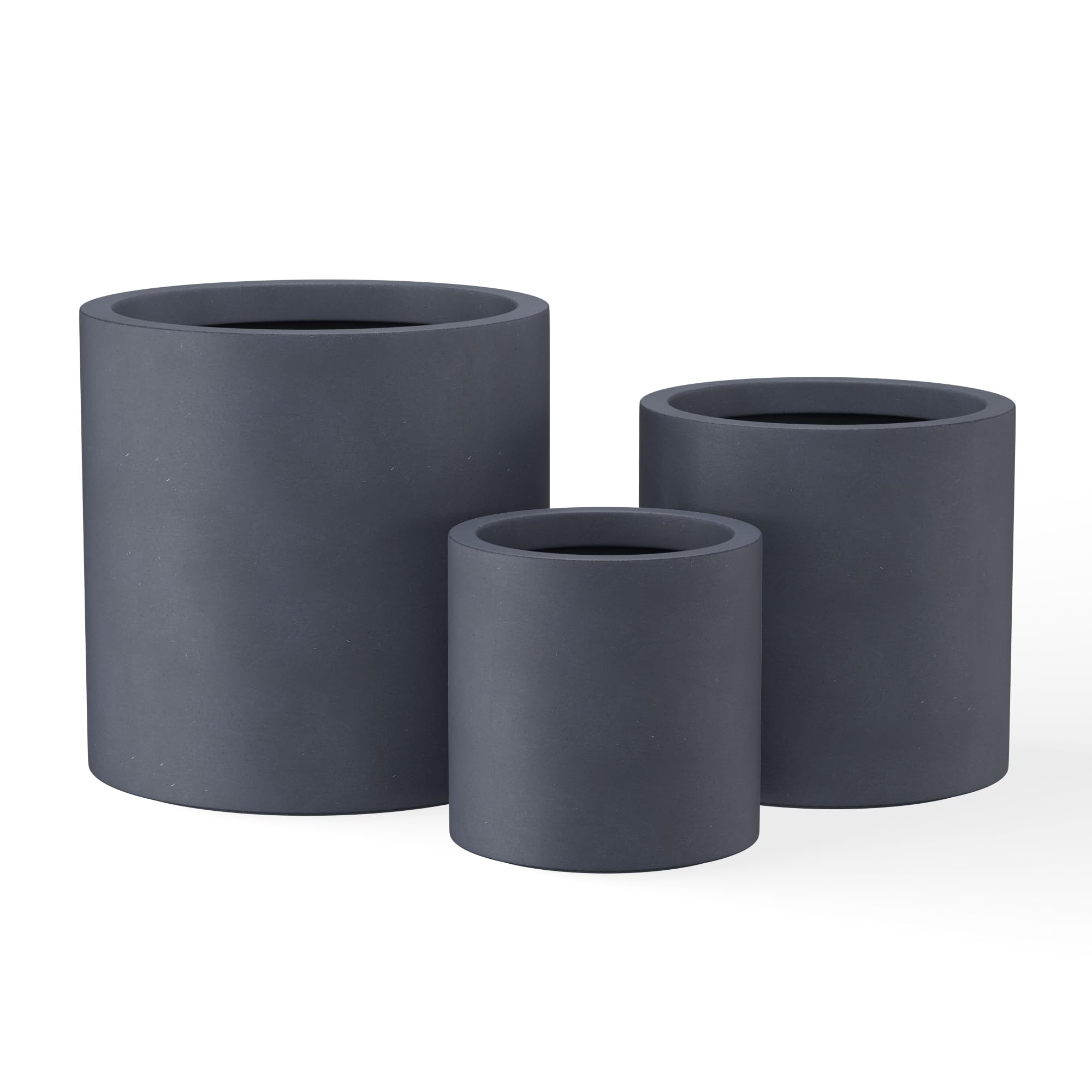 Kante 9.8",12.6",15.7" Dia Round Concrete Planter Set of 3, Modern Style Large Cylindrical Plant Pot with Drainage Hole and Rubber Plug for Indoor Outdoor Patio, Dark Gray