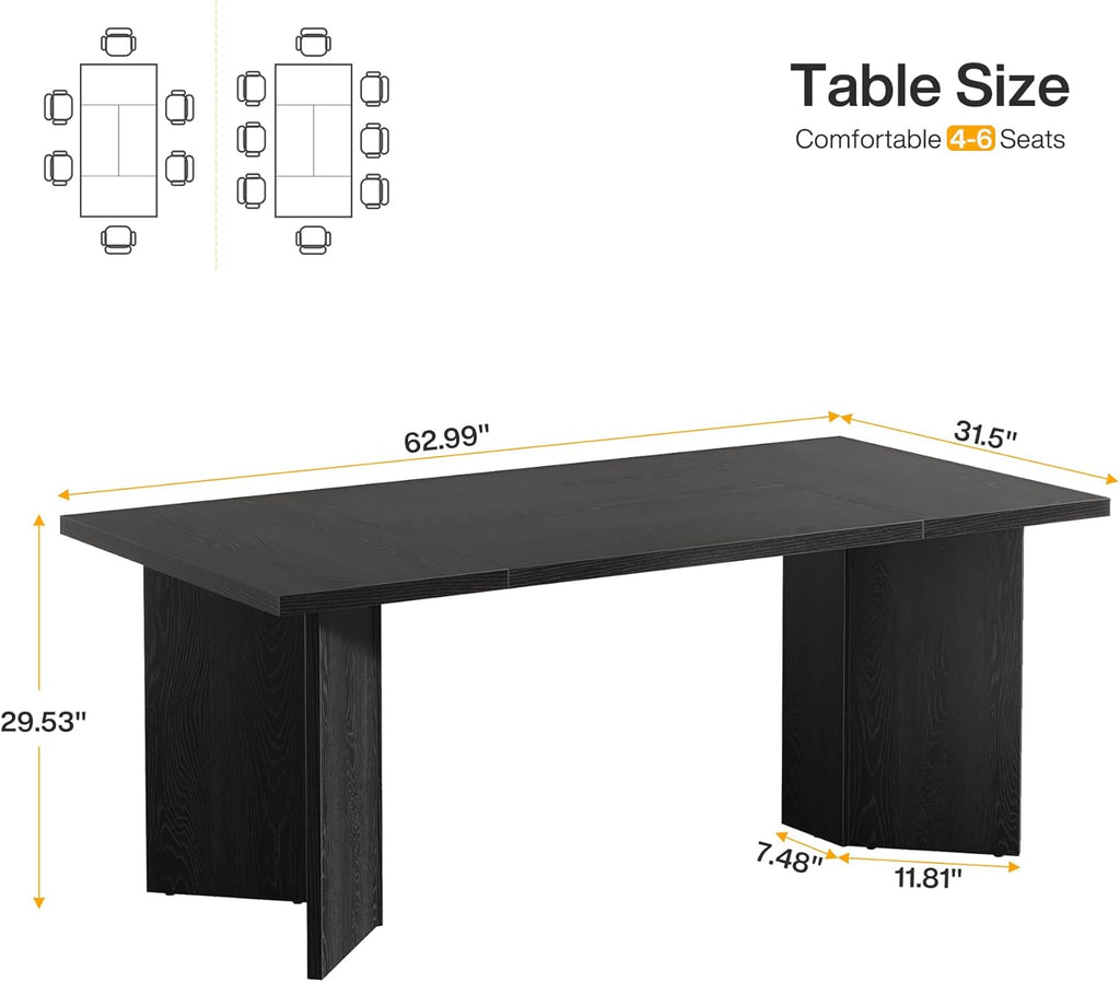 Tribesigns 63-Inch Dining Table for 4-6, Modern Large Kitchen Table with Thickened Wood Base, Rectangular Wooden Dinner Furniture for Kitchen, Dining Room, Living Room, Black