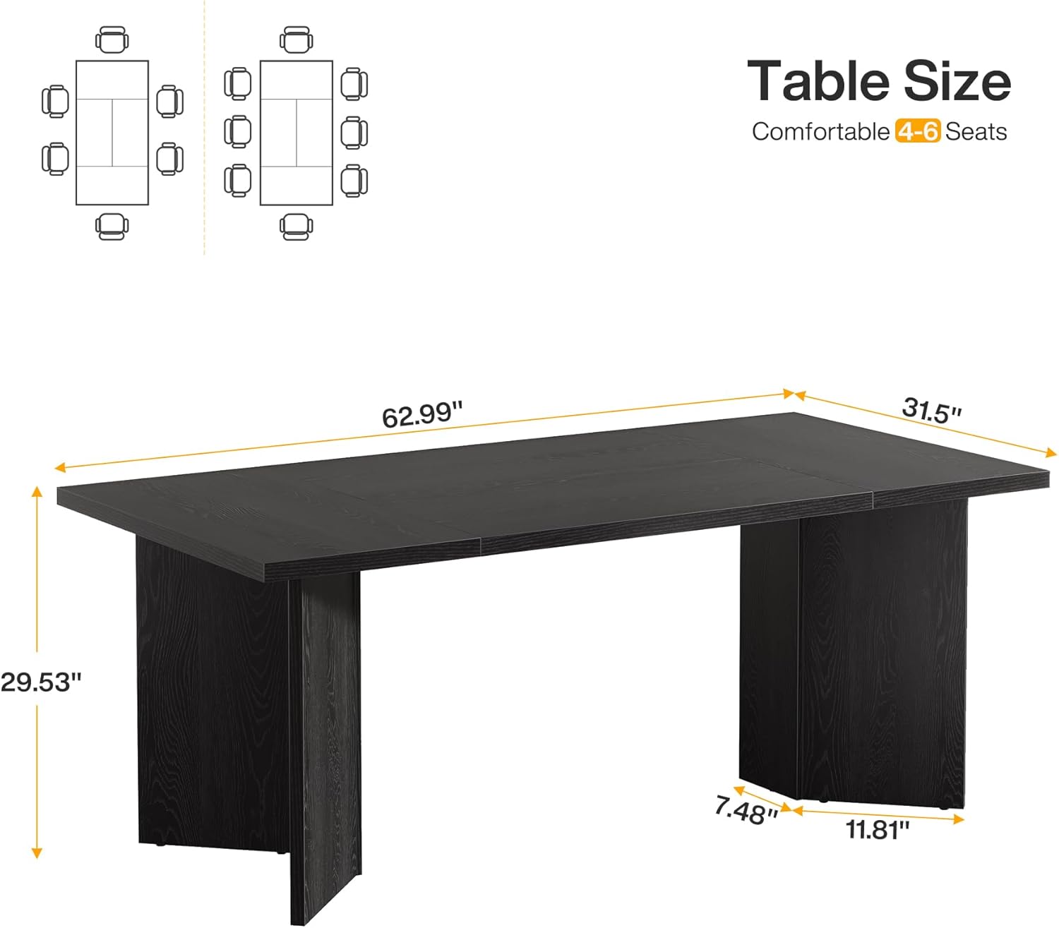 Tribesigns 63-Inch Dining Table for 4-6, Modern Large Kitchen Table with Thickened Wood Base, Rectangular Wooden Dinner Furniture for Kitchen, Dining Room, Living Room, Black