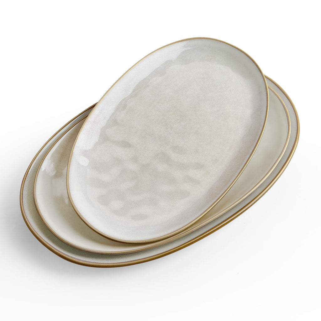 famiware Serving Platter, Oval 15.59/14.3/12.9inch Serving Dishes for Entertaining, Serving Bowls, Microwave Safe, Stoneware Serving Trays for Party, Food, Turkey, Cheese, Ocean Series, Vanilla White