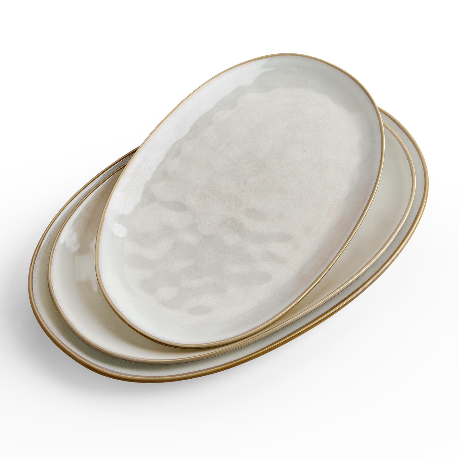 famiware Serving Platter, Oval 15.59/14.3/12.9inch Serving Dishes for Entertaining, Serving Bowls, Microwave Safe, Stoneware Serving Trays for Party, Food, Turkey, Cheese, Ocean Series, Vanilla White