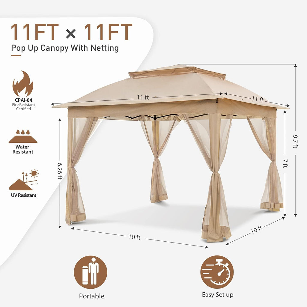 COOS BAY 11x11 Pop-Up Instant Gazebo Tent with Mosquito Netting Outdoor Canopy Shelter with 121 Square Feet of Shade (Khaki)
