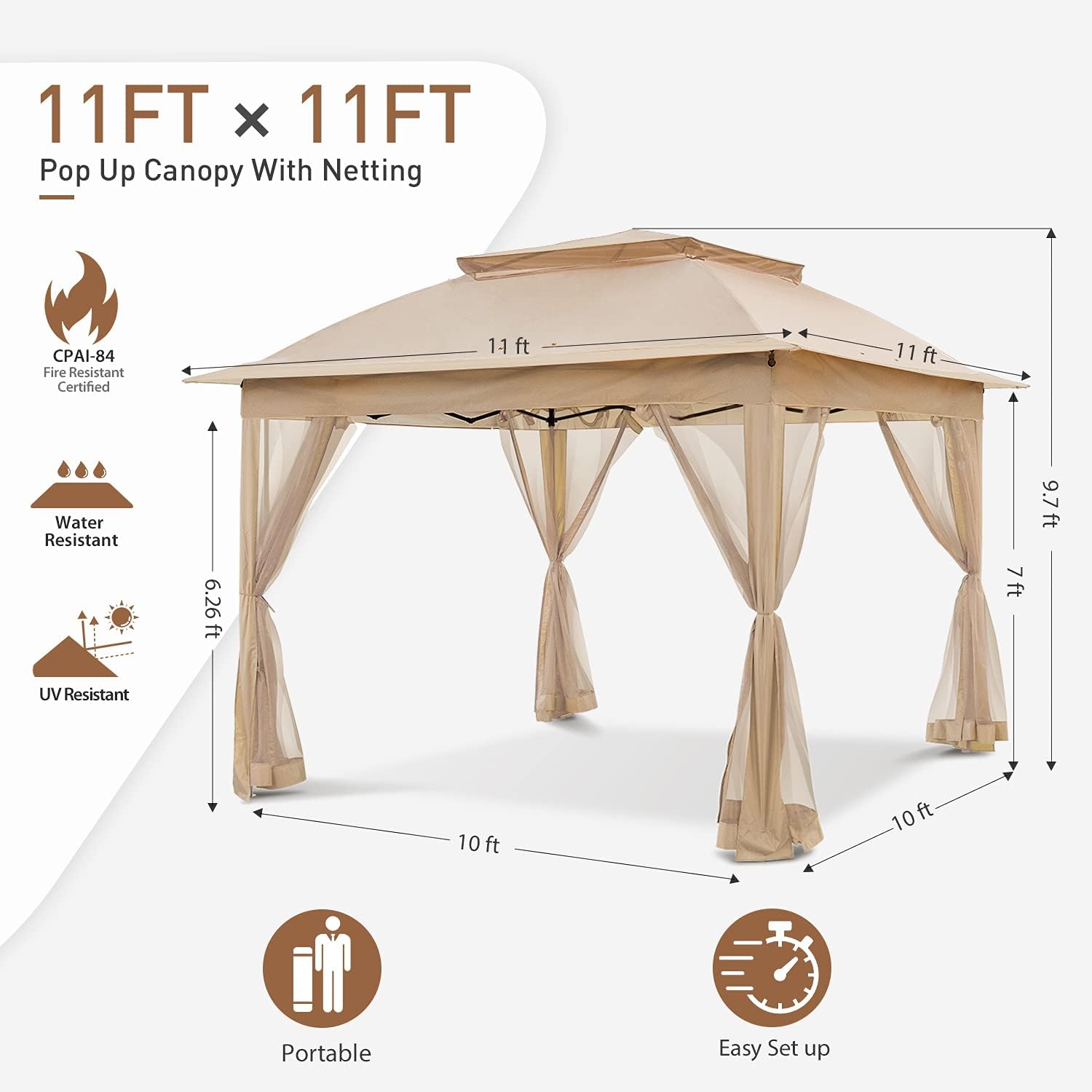 COOS BAY 11x11 Pop-Up Instant Gazebo Tent with Mosquito Netting Outdoor Canopy Shelter with 121 Square Feet of Shade (Khaki)