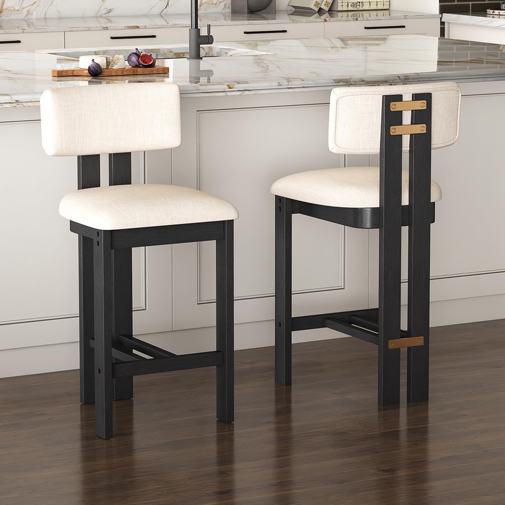 26" Farmhouse Bar Stools Set of 4, Modern Armless Counter Height Kitchen Stools, Linen Upholstered Bar Chairs with Natural Wooden Legs, French Country Stools for Kitchen Island, Beige