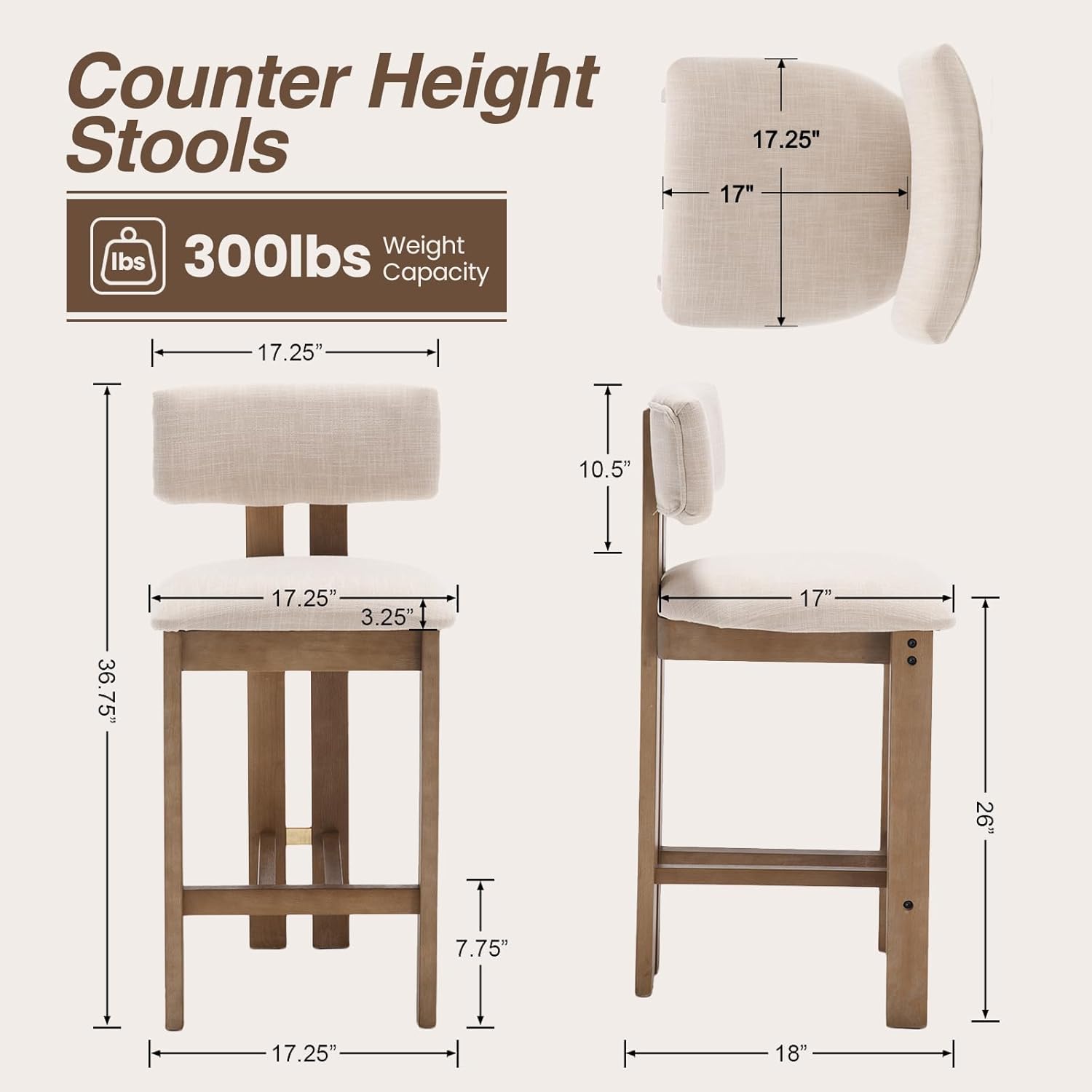 26" Farmhouse Bar Stools Set of 4, Modern Armless Counter Height Kitchen Stools, Linen Upholstered Bar Chairs with Natural Wooden Legs, French Country Stools for Kitchen Island, Beige