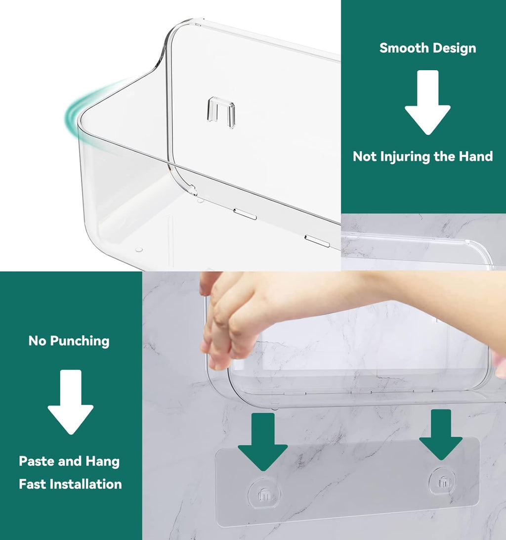 Shower Shelves, 5 Pack Adhesive Clear Acrylic Bathroom Shower Organizer Caddy, Transparent No Drilling Wall Mount Bathroom Storage with Soap Holder and Hooks