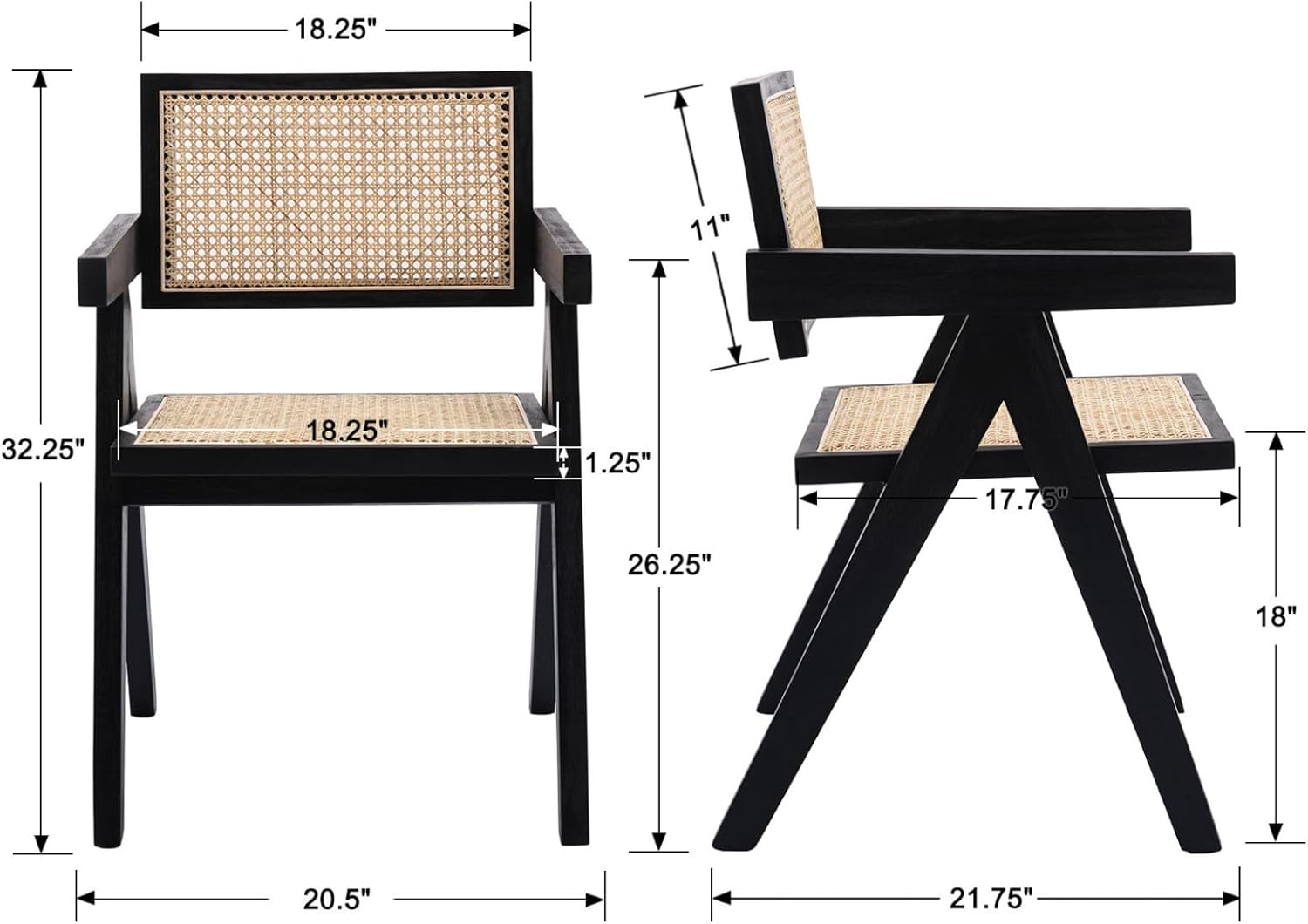 Rattan Dining Chairs Set of 4, Mid Century Modern Dining Room Chairs Wicker Armchair Comfy Side Chair Black Wood Boho Kitchen Cane Side Chairs with Arms for Dining Room Bistro