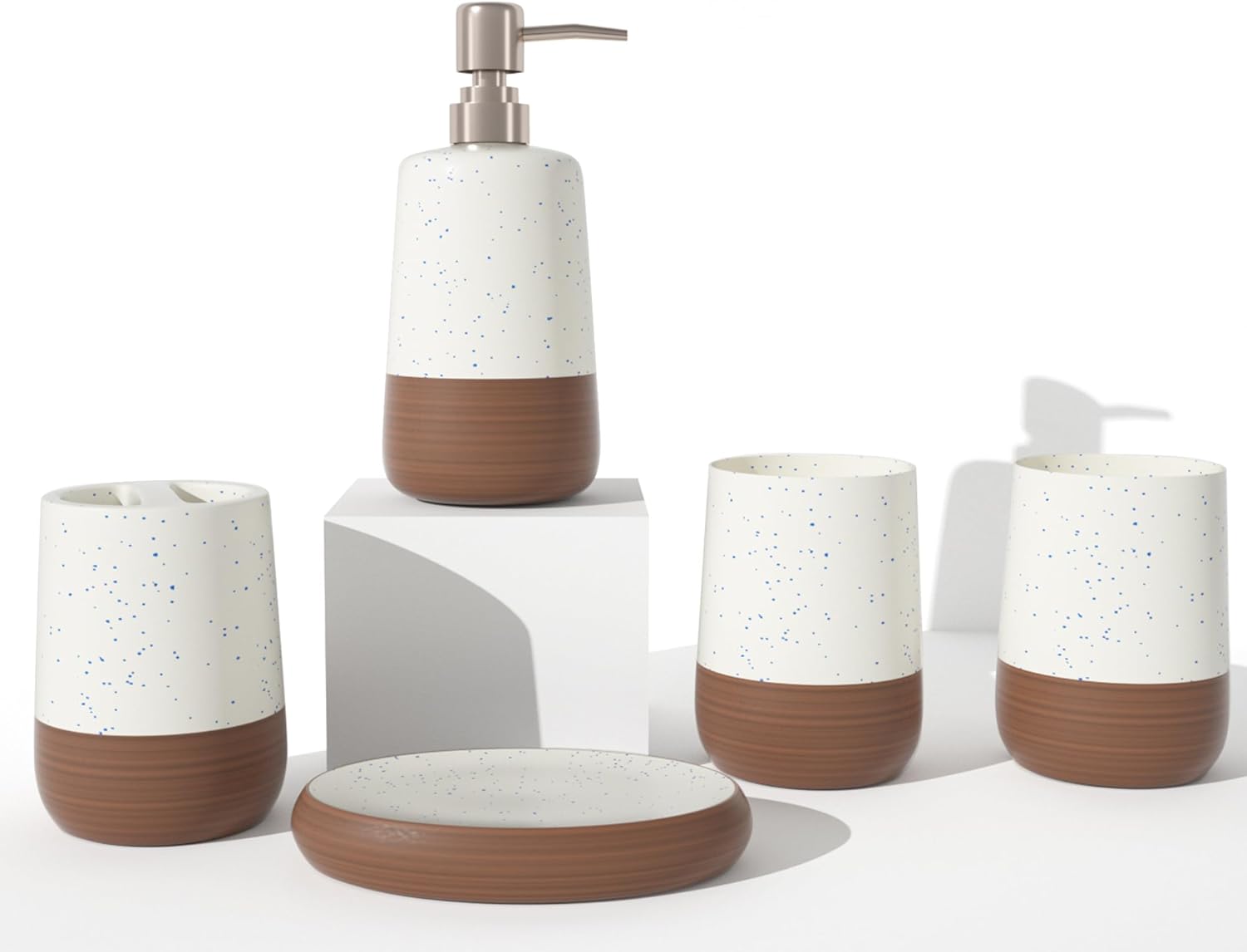 Ceramic Bathroom Accessories Set Complete in White & Brown Duotone, 5 Pcs Boho Bath Vanity Counter Set, Soap Dispenser Toothbrush Holder Soap Dish Tumble Cup Set, Bathroom Essentials for New Home