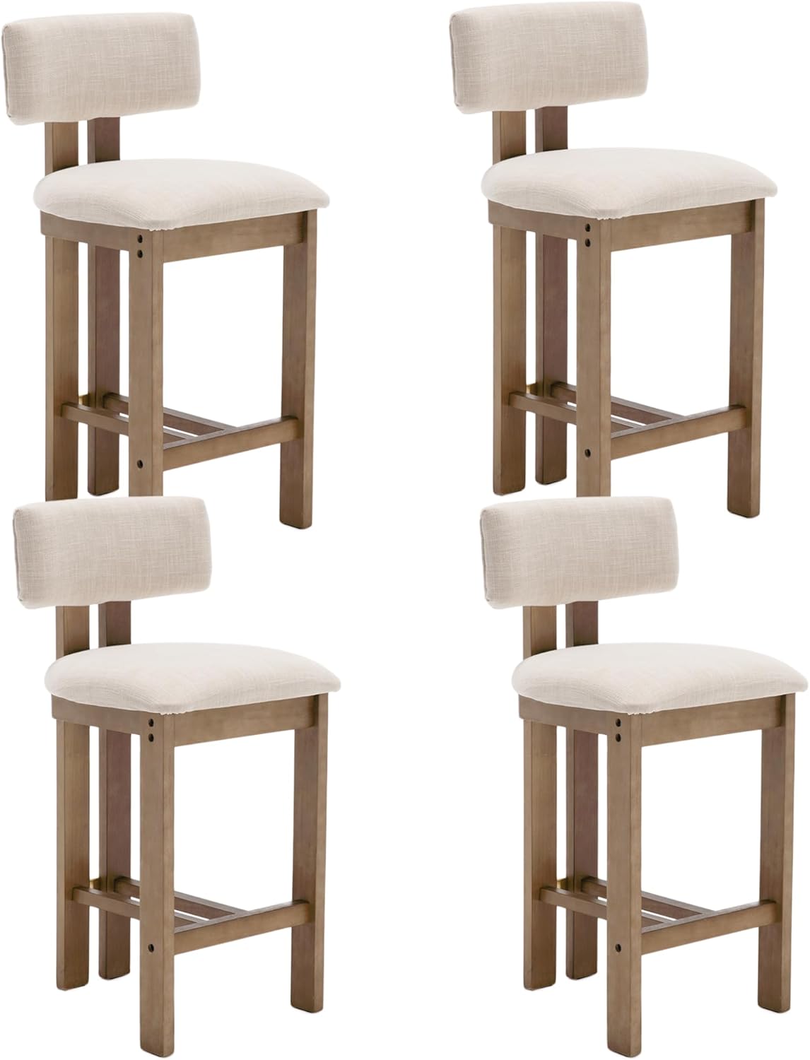 26" Farmhouse Bar Stools Set of 4, Modern Armless Counter Height Kitchen Stools, Linen Upholstered Bar Chairs with Natural Wooden Legs, French Country Stools for Kitchen Island, Beige