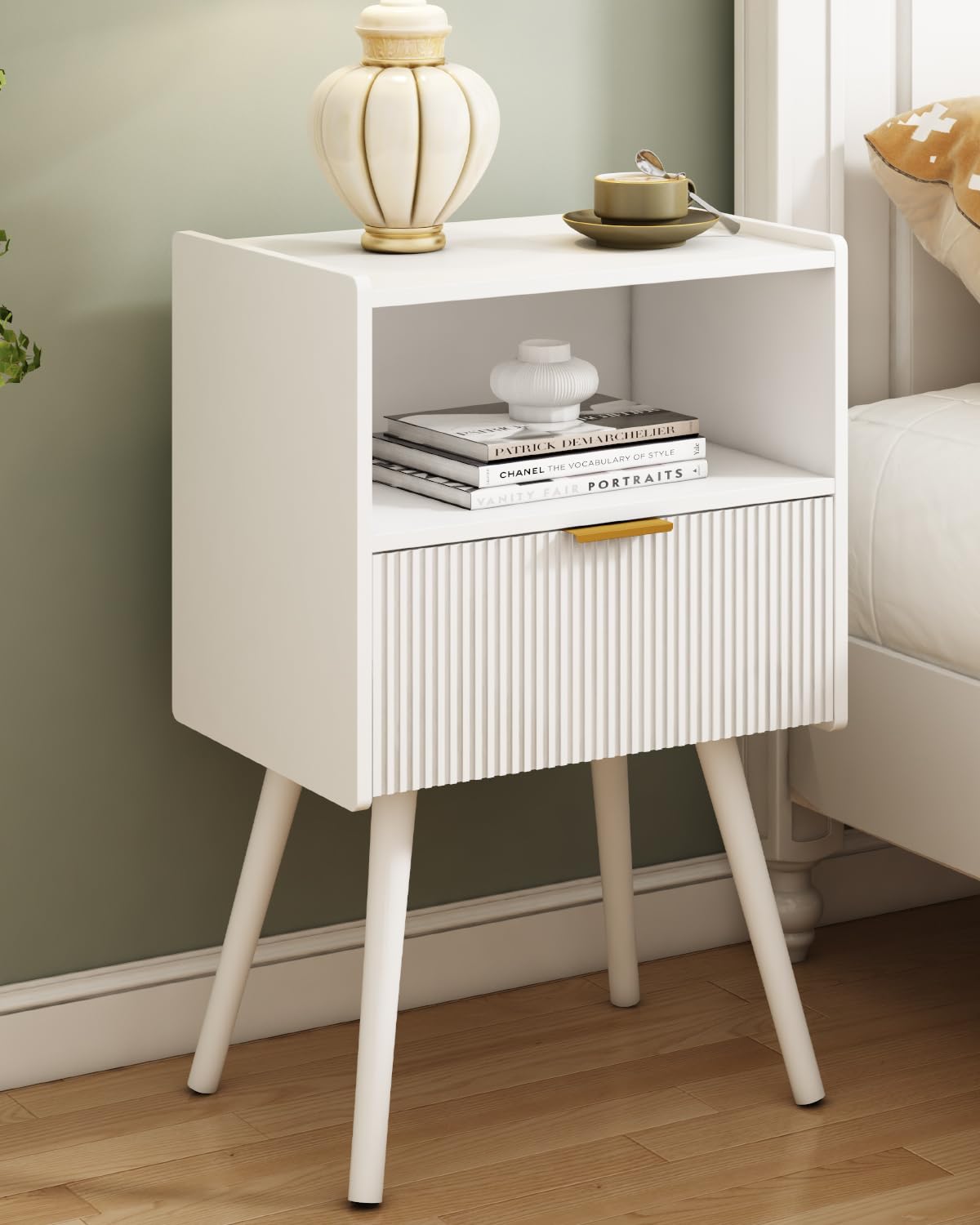 Black Nightstand,Modern Bedside Table with Storage Drawer and Open Wood Shelf, for Living Room, Bedroom and Small Spaces, Accent Night Stand with Solid Wood Legs, Easy Assembly,Classic Black