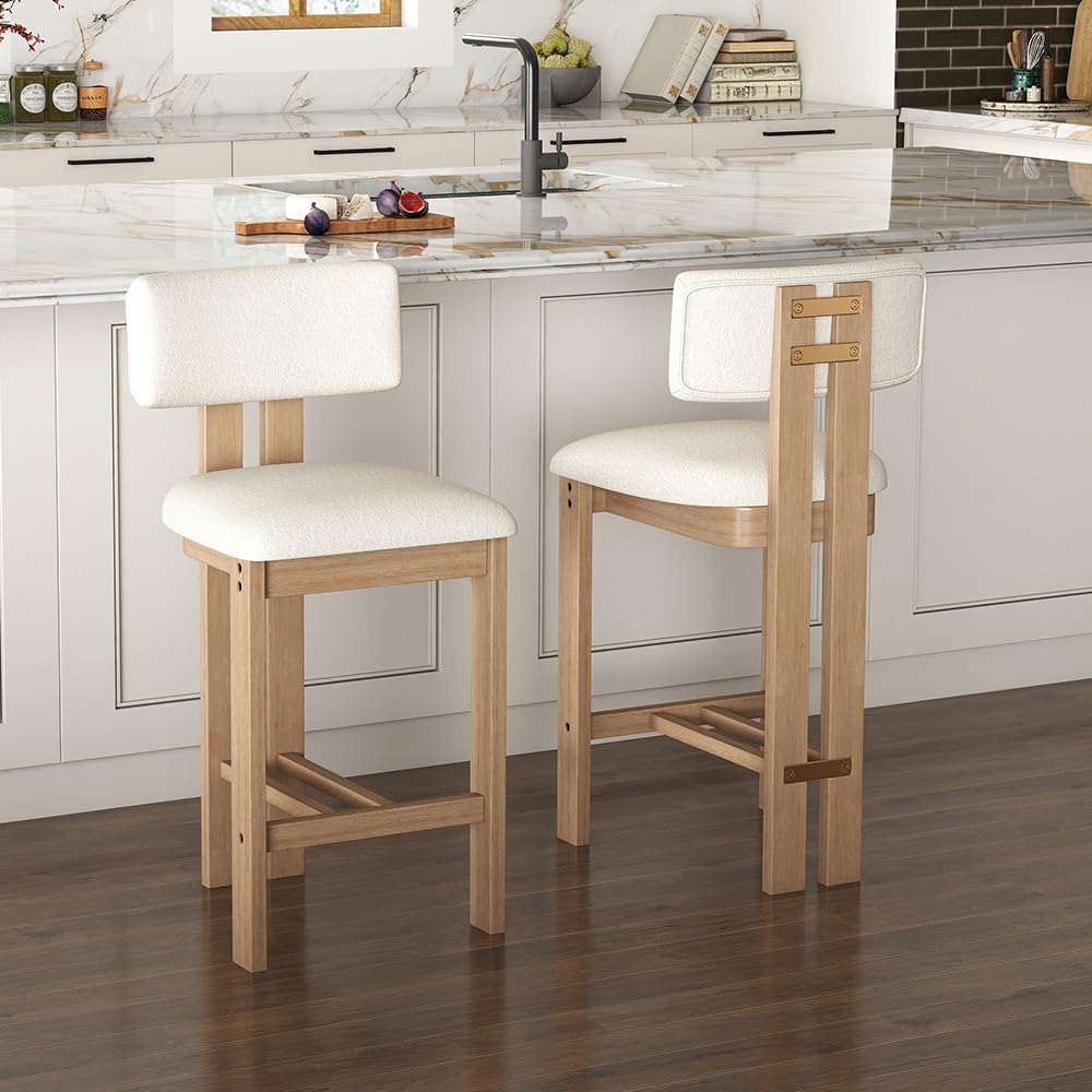 26" Farmhouse Bar Stools Set of 4, Modern Armless Counter Height Kitchen Stools, Linen Upholstered Bar Chairs with Natural Wooden Legs, French Country Stools for Kitchen Island, Beige