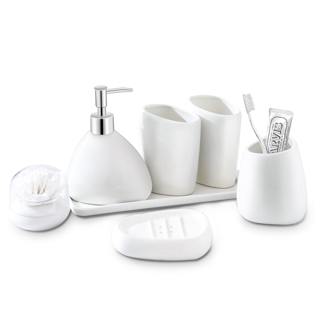 White Ceramic Bathroom Accessory Set, Bathroom Vanity Countertop Set, Bathroom Soap Dispenser and Toothbrush Holder Set Complete, 2 Tumbler Cup, Soap Dish, 5 Pieces