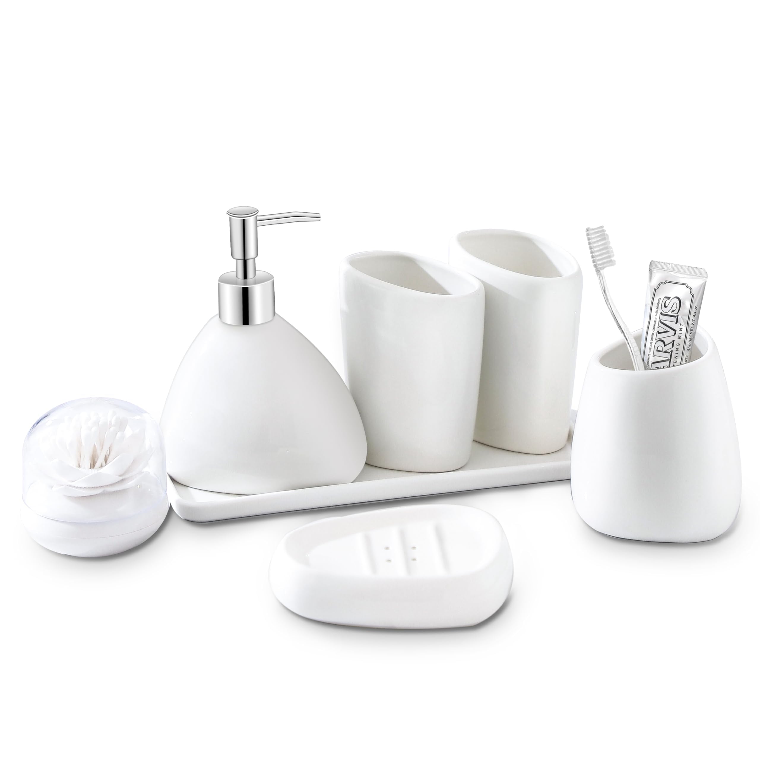 White Ceramic Bathroom Accessory Set, Bathroom Vanity Countertop Set, Bathroom Soap Dispenser and Toothbrush Holder Set Complete, 2 Tumbler Cup, Soap Dish, 5 Pieces