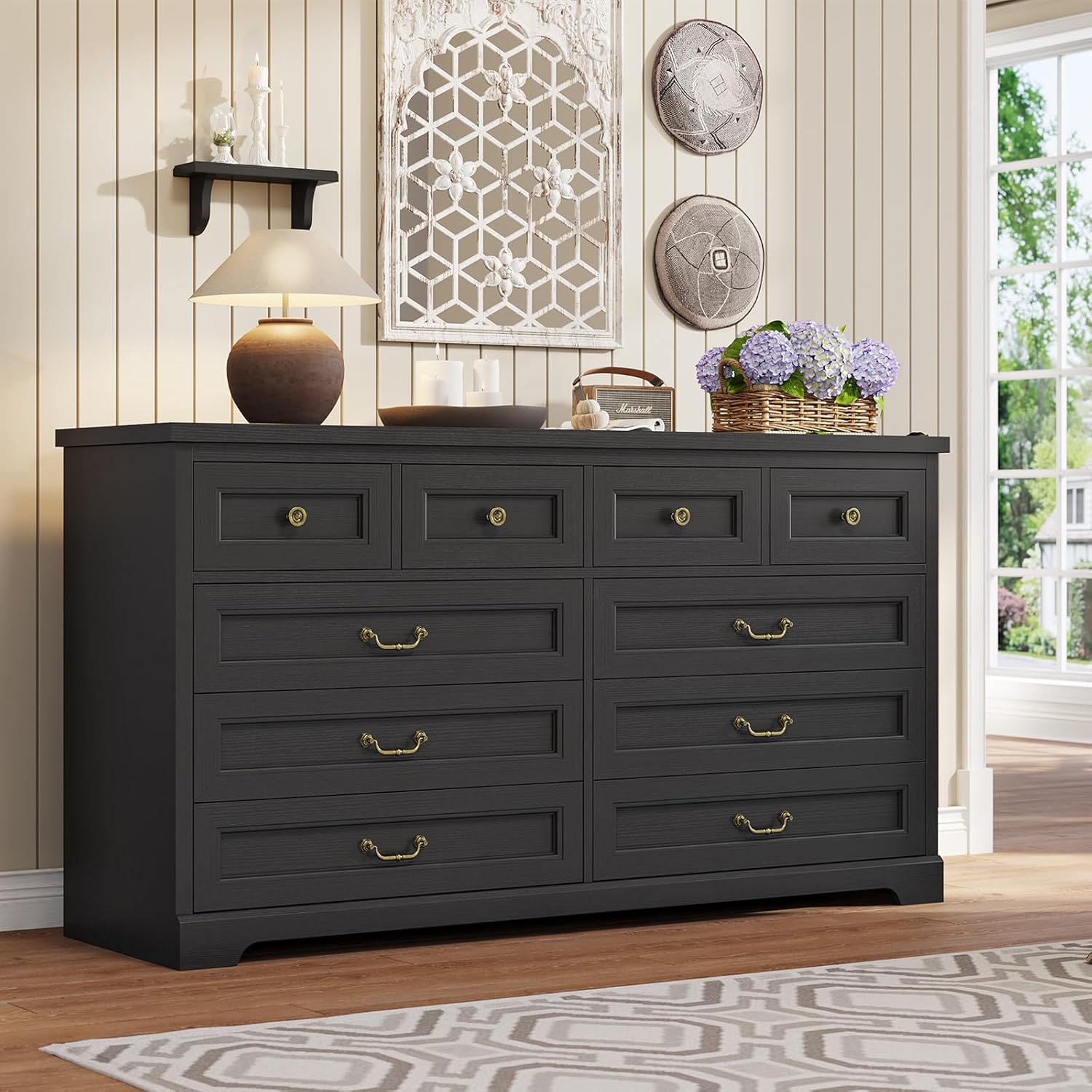 Hasuit Farmhouse 10 Drawer Dresser for Bedroom, 55.1" Wide Dressers Chest of Drawers, Rustic Wood Storage Cabinet with Deep Drawers and Vintage Handle, Large Black Dresser for Bedroom, Closet, Hallway