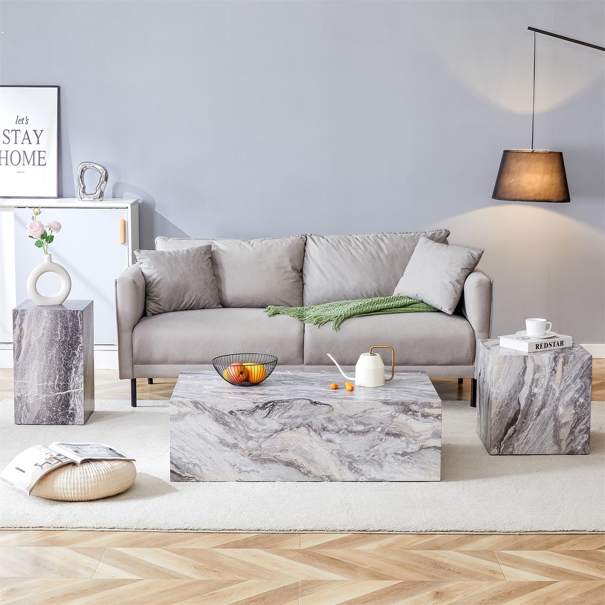 Coffee Table Living Room Table - Modern Faux Marble Design with Wood Accents in Grey