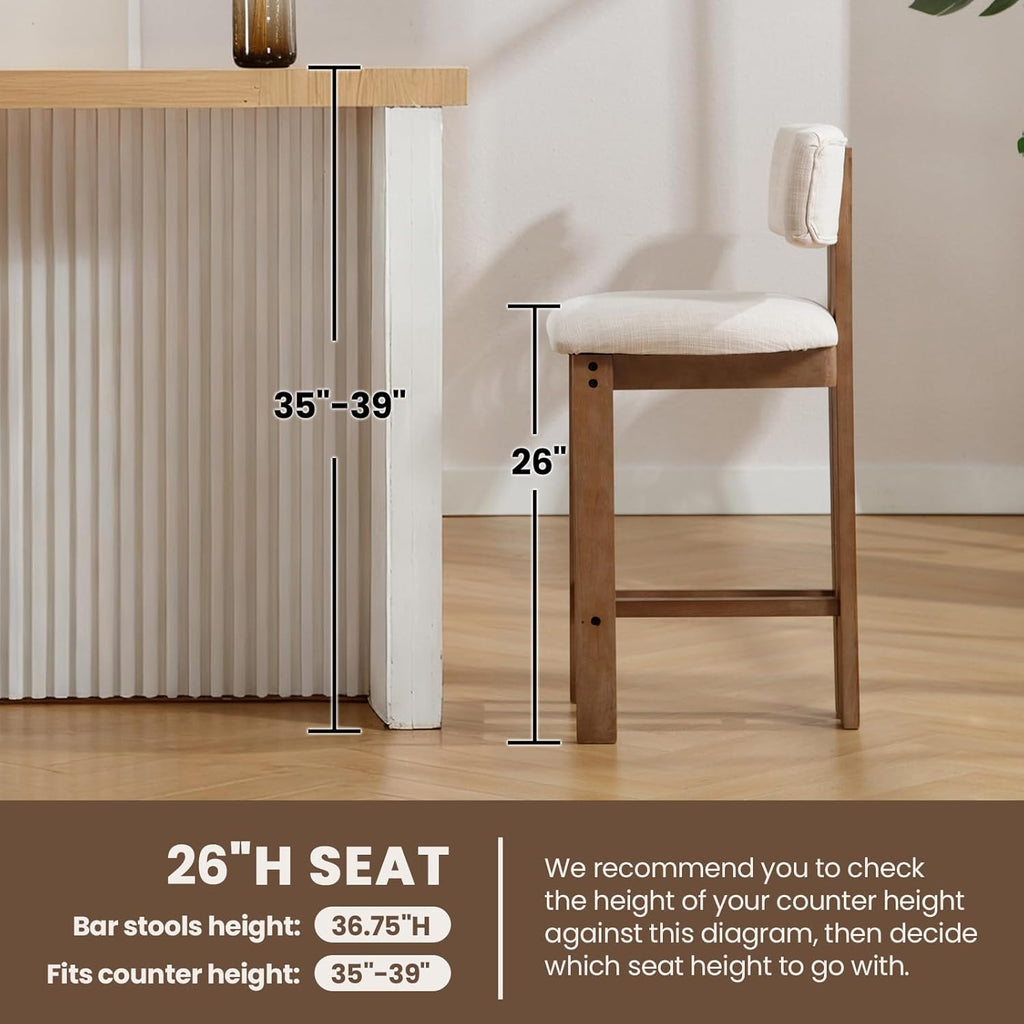 26" Farmhouse Bar Stools Set of 4, Modern Armless Counter Height Kitchen Stools, Linen Upholstered Bar Chairs with Natural Wooden Legs, French Country Stools for Kitchen Island, Beige