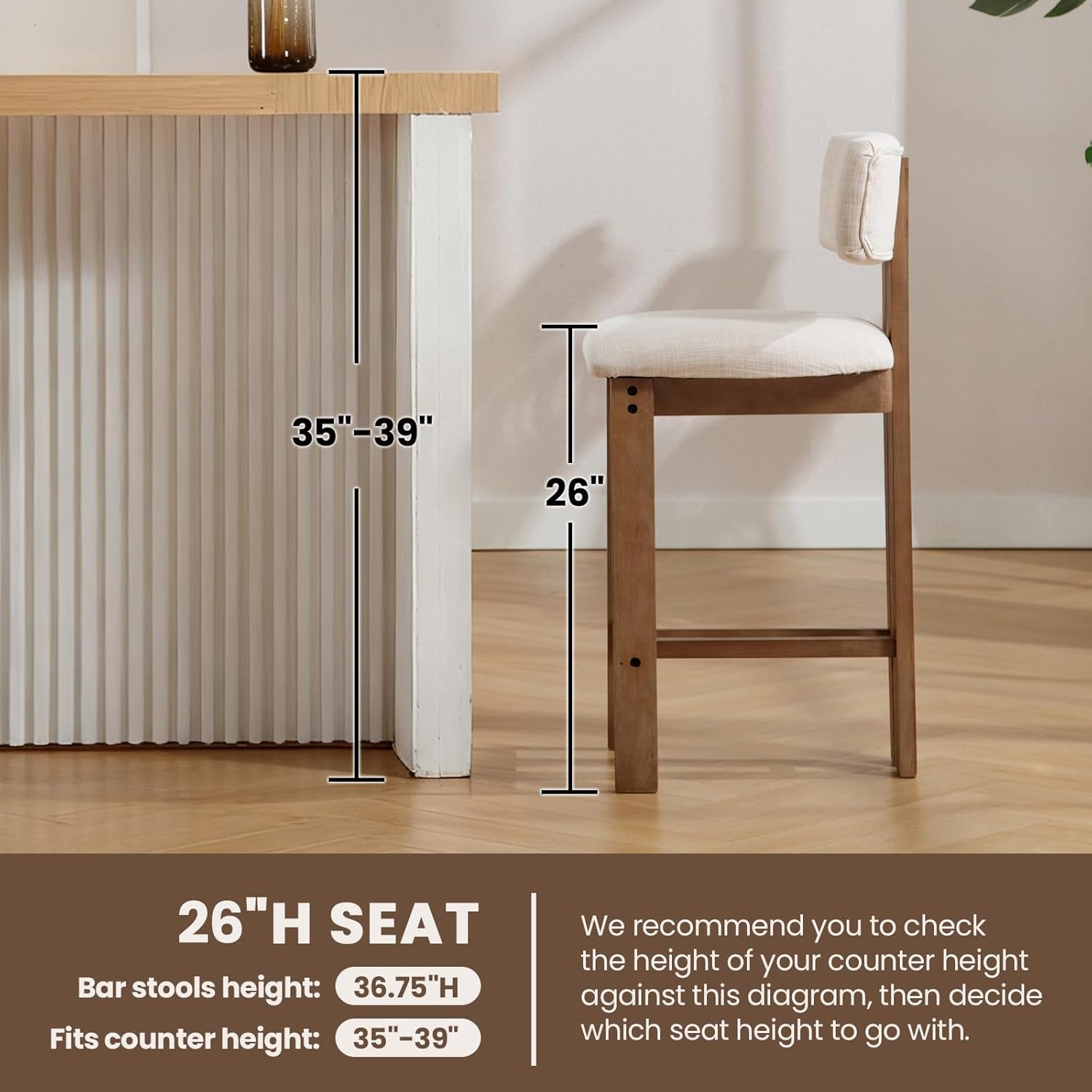 26" Farmhouse Bar Stools Set of 4, Modern Armless Counter Height Kitchen Stools, Linen Upholstered Bar Chairs with Natural Wooden Legs, French Country Stools for Kitchen Island, Beige