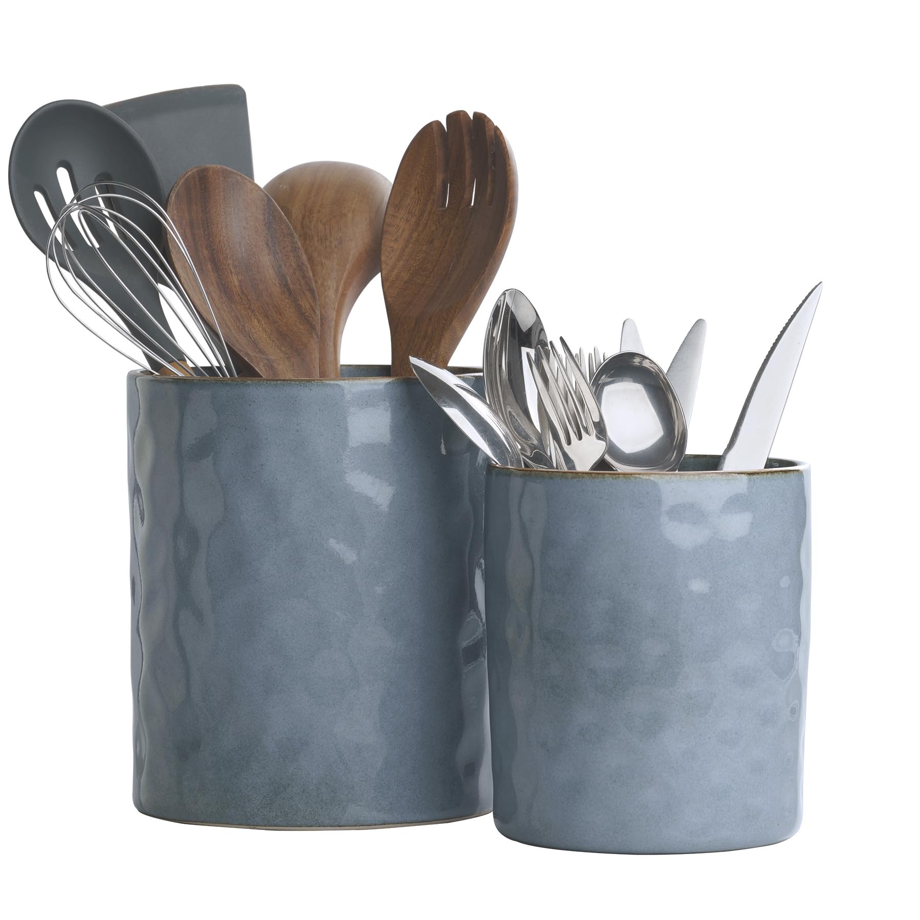 famiware Ocean Utensil Holder, 7.2"+5.8" Ceramic Kitchen Utensil Holder for Countertop, Cooking Utensil Crocks, Utensil Organizer for Spatula & Spoon, Kitchen Decor, Set of 2, Vanilla White