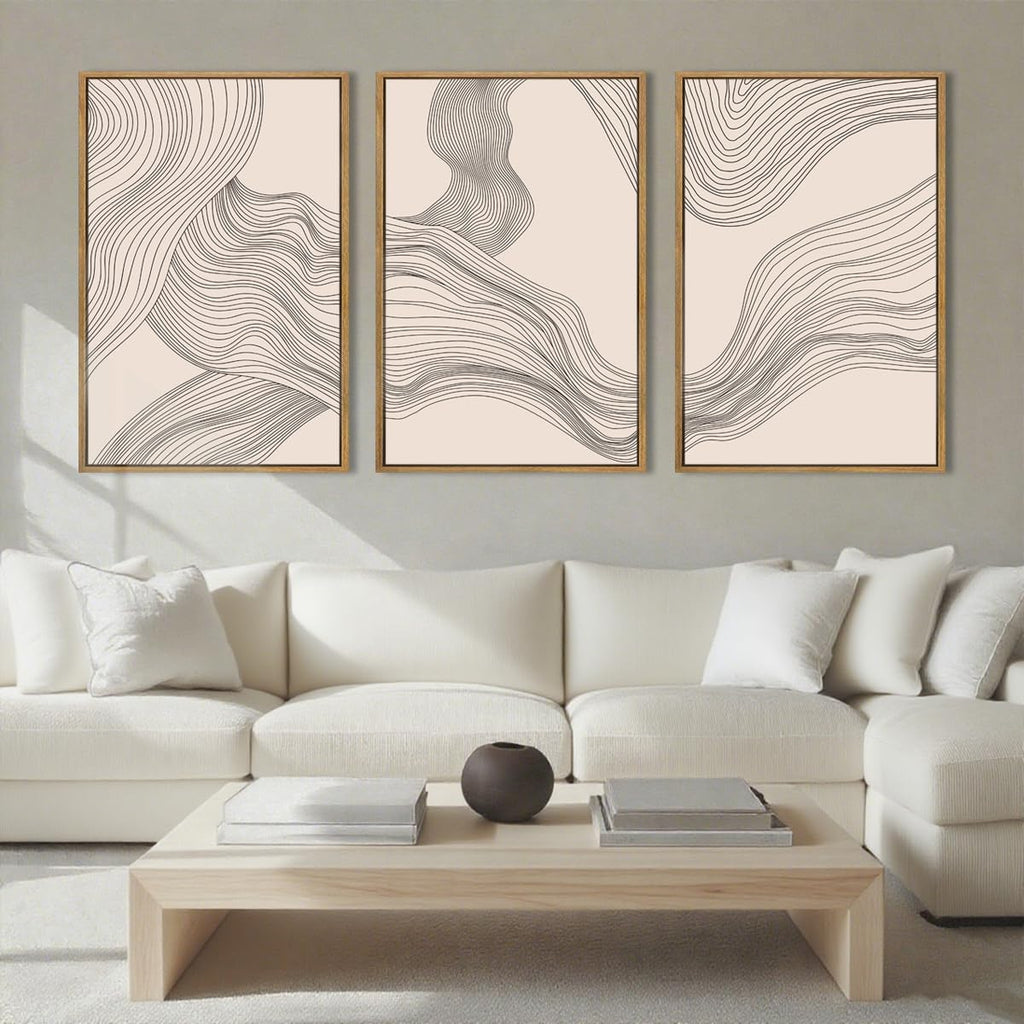 Neutral Abstract Wall Art Framed Modern Beige Wave Wall Decor for Bathroom Living Room Bedroom 16x24 Inch Set of 3