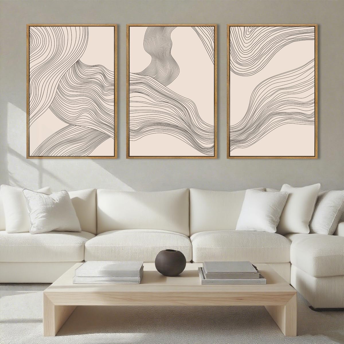 Neutral Abstract Wall Art Framed Modern Beige Wave Wall Decor for Bathroom Living Room Bedroom 16x24 Inch Set of 3