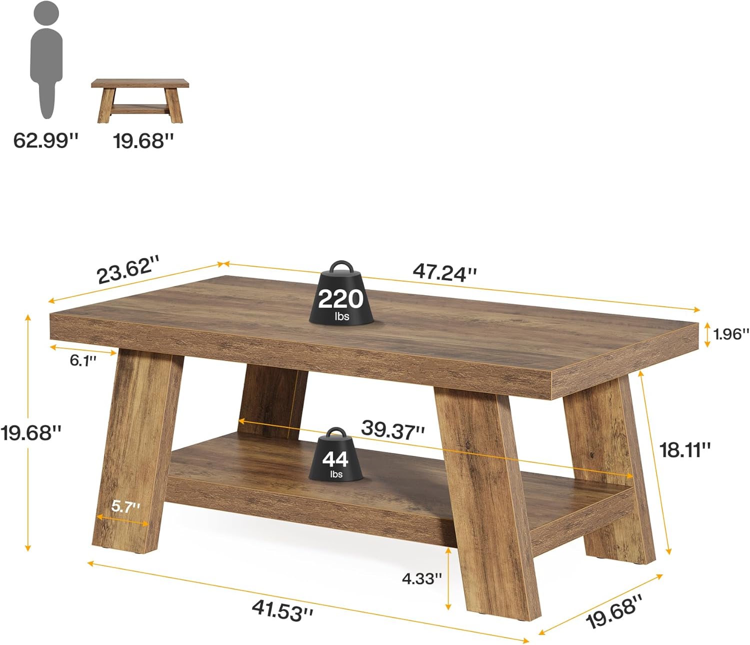 Tribesigns Farmhouse Coffee Table, Rustic Coffee Tables for Living Room, 47.24" Rectangular Wood Living Room Tables, 2-Tier Center Table with Storage for Apartment, Bedroom, Office (Rustic Brown)