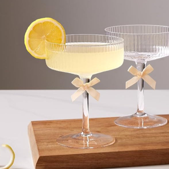 LUNA & MANTHA Coupe Glasses Set of 4, 10oz Ribbed Martini Glasses, Vintage Cocktail Glass, Hand Blown for Espresso Martini, Champagne, Margarita, Home Bar &Gift, Crystal Glassware