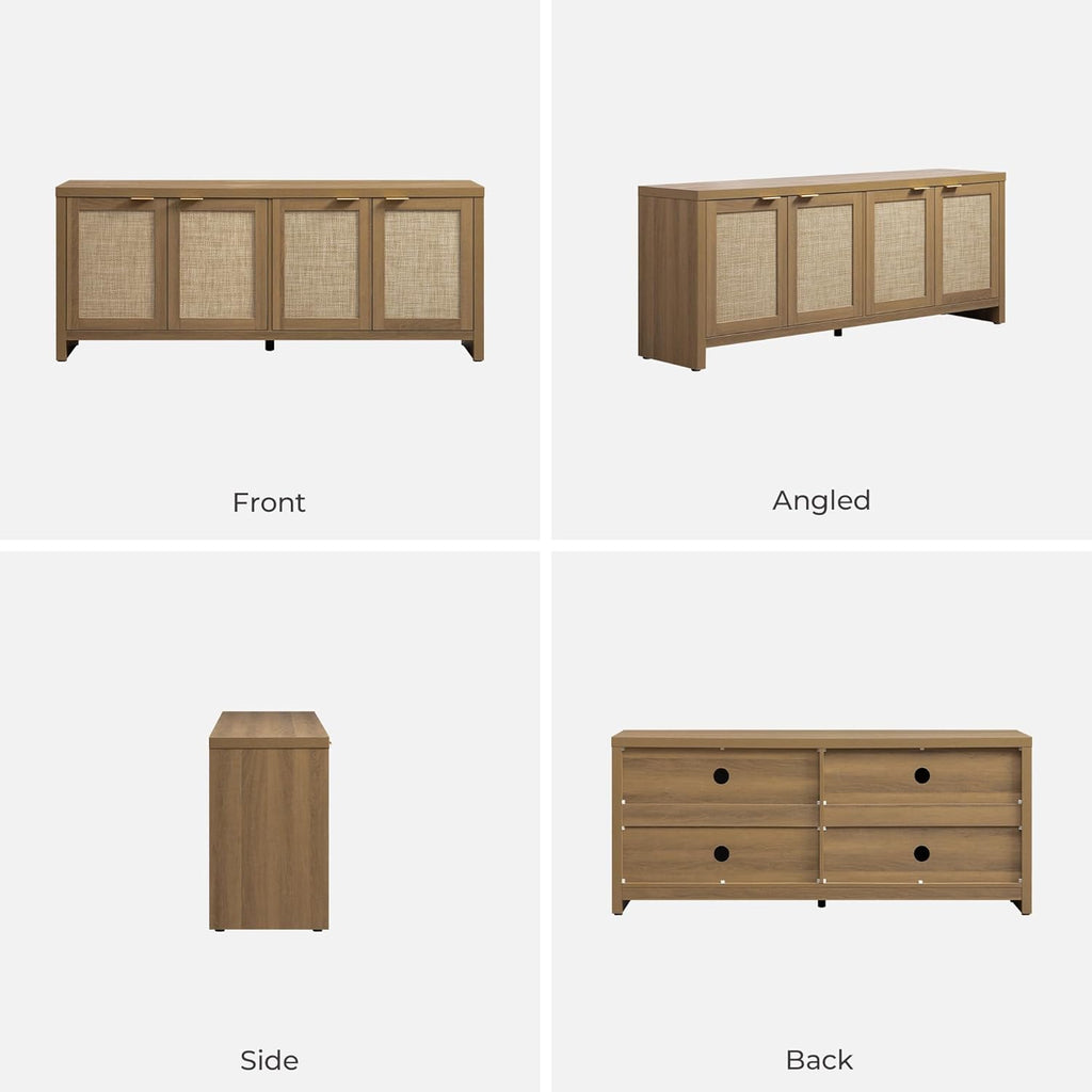 SICOTAS TV Stand for Living Room Rattan Entertainment Center for Bedroom with 4 Rattan Cabinets Farmhouse Television Stands with Storage Large Media Console Table for TVs up to 50 55 60 65 Inch