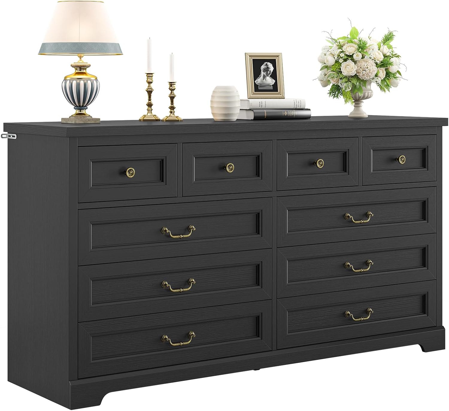 Hasuit Farmhouse 10 Drawer Dresser for Bedroom, 55.1" Wide Dressers Chest of Drawers, Rustic Wood Storage Cabinet with Deep Drawers and Vintage Handle, Large Black Dresser for Bedroom, Closet, Hallway