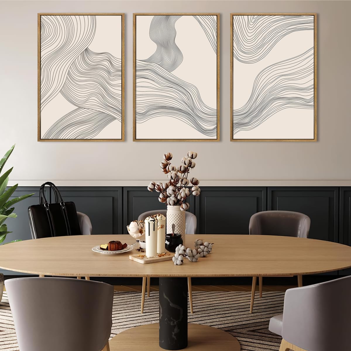 Neutral Abstract Wall Art Framed Modern Beige Wave Wall Decor for Bathroom Living Room Bedroom 16x24 Inch Set of 3