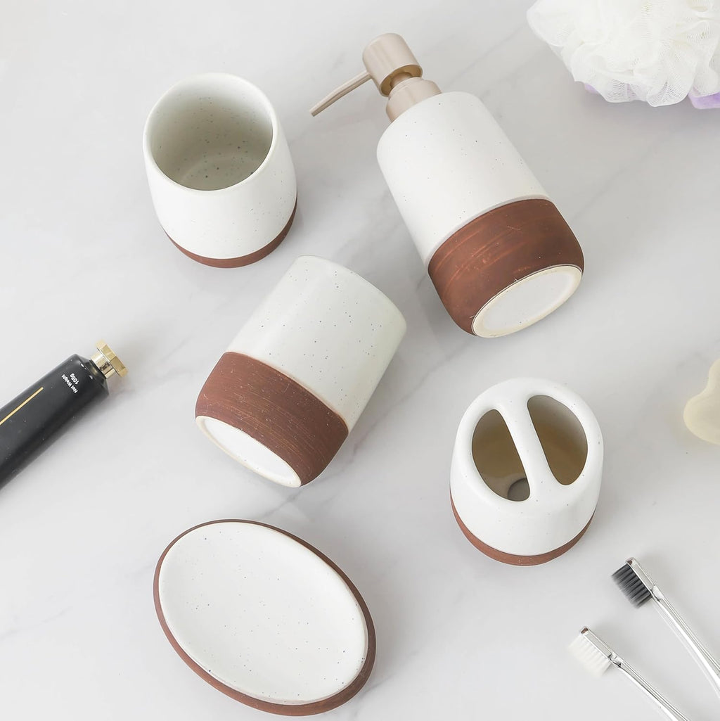 Ceramic Bathroom Accessories Set Complete in White & Brown Duotone, 5 Pcs Boho Bath Vanity Counter Set, Soap Dispenser Toothbrush Holder Soap Dish Tumble Cup Set, Bathroom Essentials for New Home