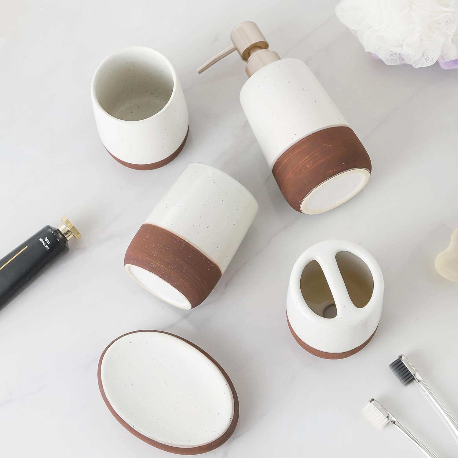 Ceramic Bathroom Accessories Set Complete in White & Brown Duotone, 5 Pcs Boho Bath Vanity Counter Set, Soap Dispenser Toothbrush Holder Soap Dish Tumble Cup Set, Bathroom Essentials for New Home