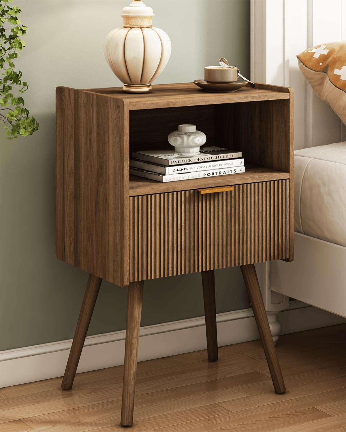 Black Nightstand,Modern Bedside Table with Storage Drawer and Open Wood Shelf, for Living Room, Bedroom and Small Spaces, Accent Night Stand with Solid Wood Legs, Easy Assembly,Classic Black