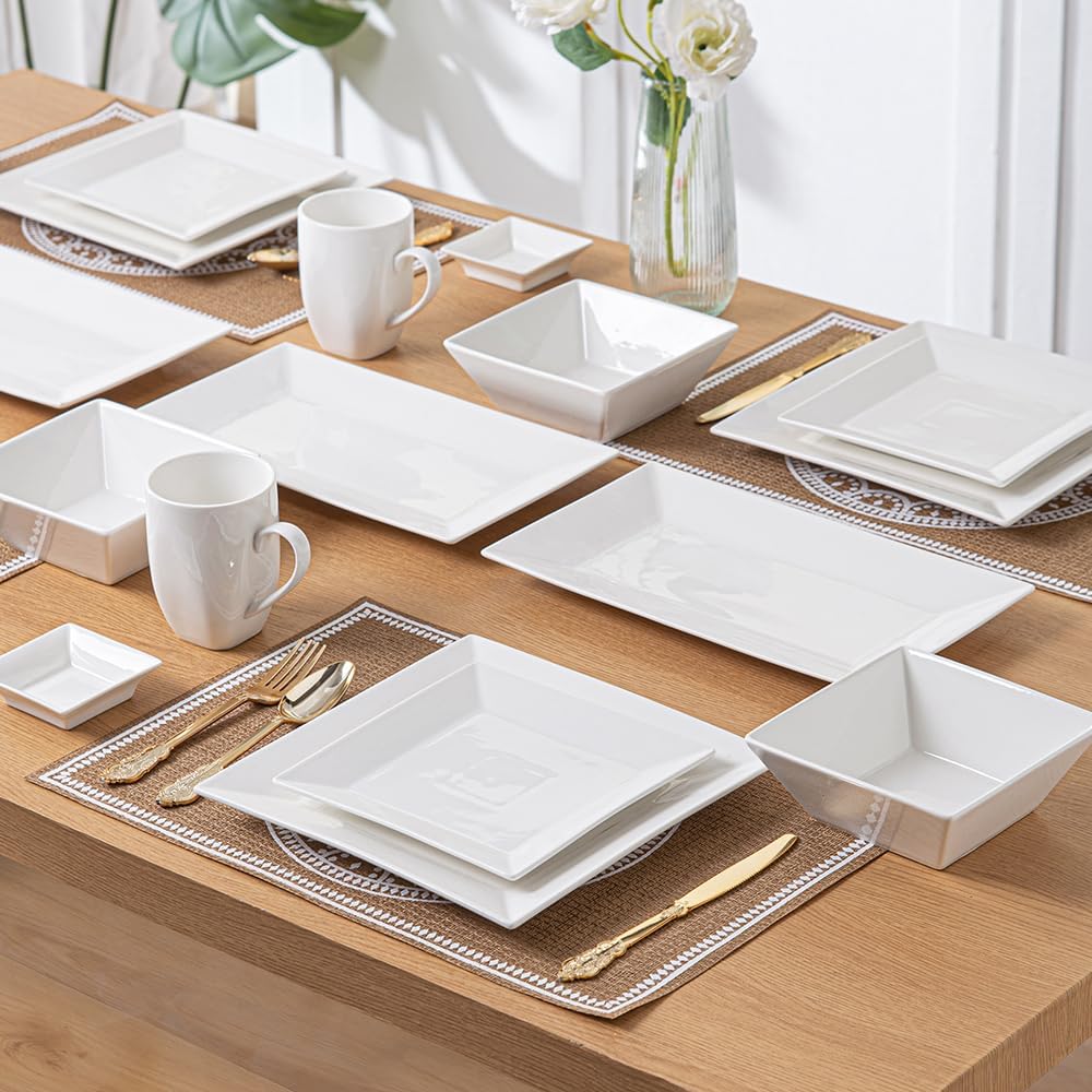Porlien 16-Piece Classic Square Dinnerware Set for 4-Square Dinner Plates, Dessert Plates, Bowls & Dipping Saucers, Off White Dishes for 4