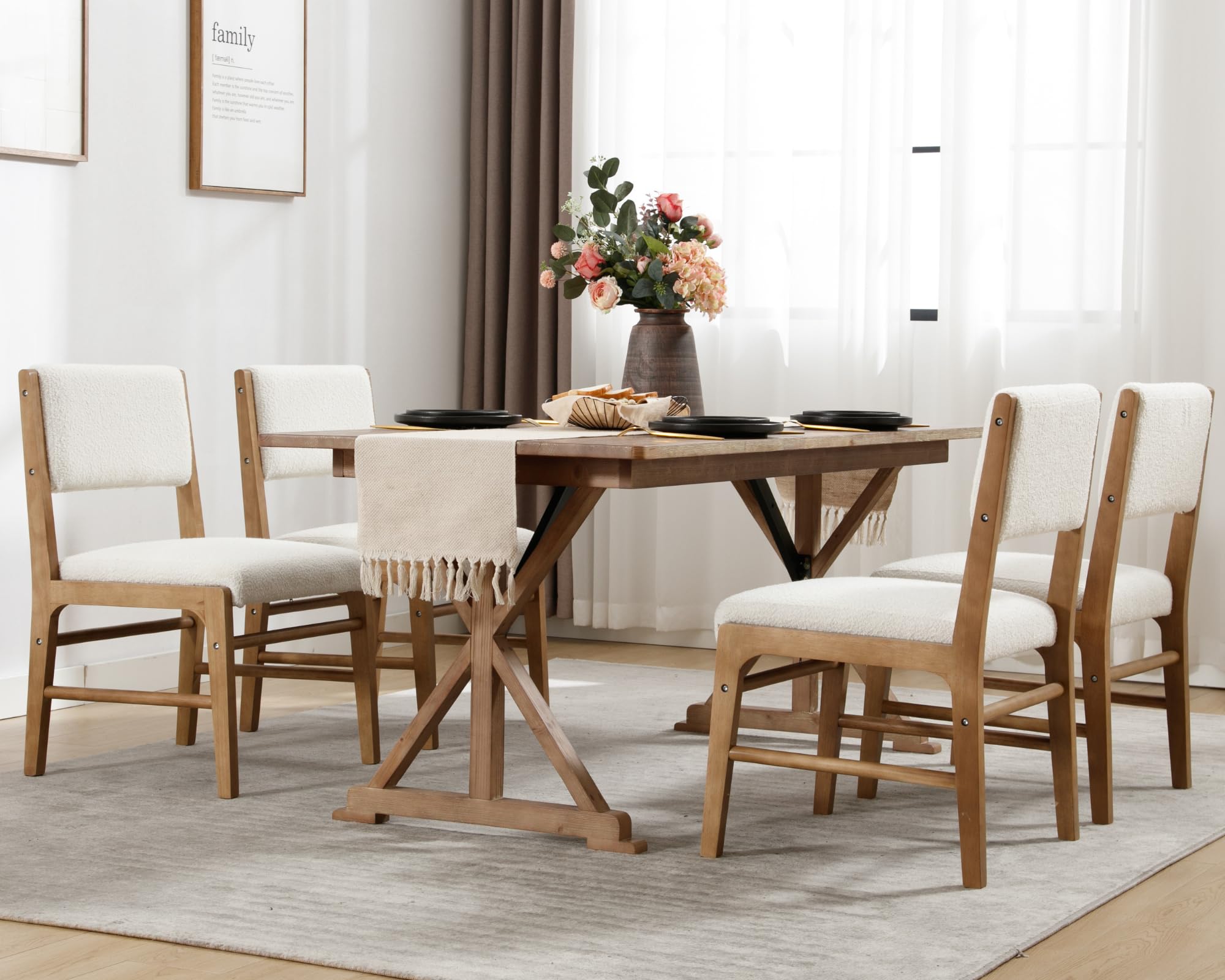 VESCASA Dining Chairs with Rectangular Cushion Back, Mid-Century Modern Padded Upholstered Dining Chairs with Black Wood Legs for Dining Room, Kitchen, Set of 4, Beige Linen