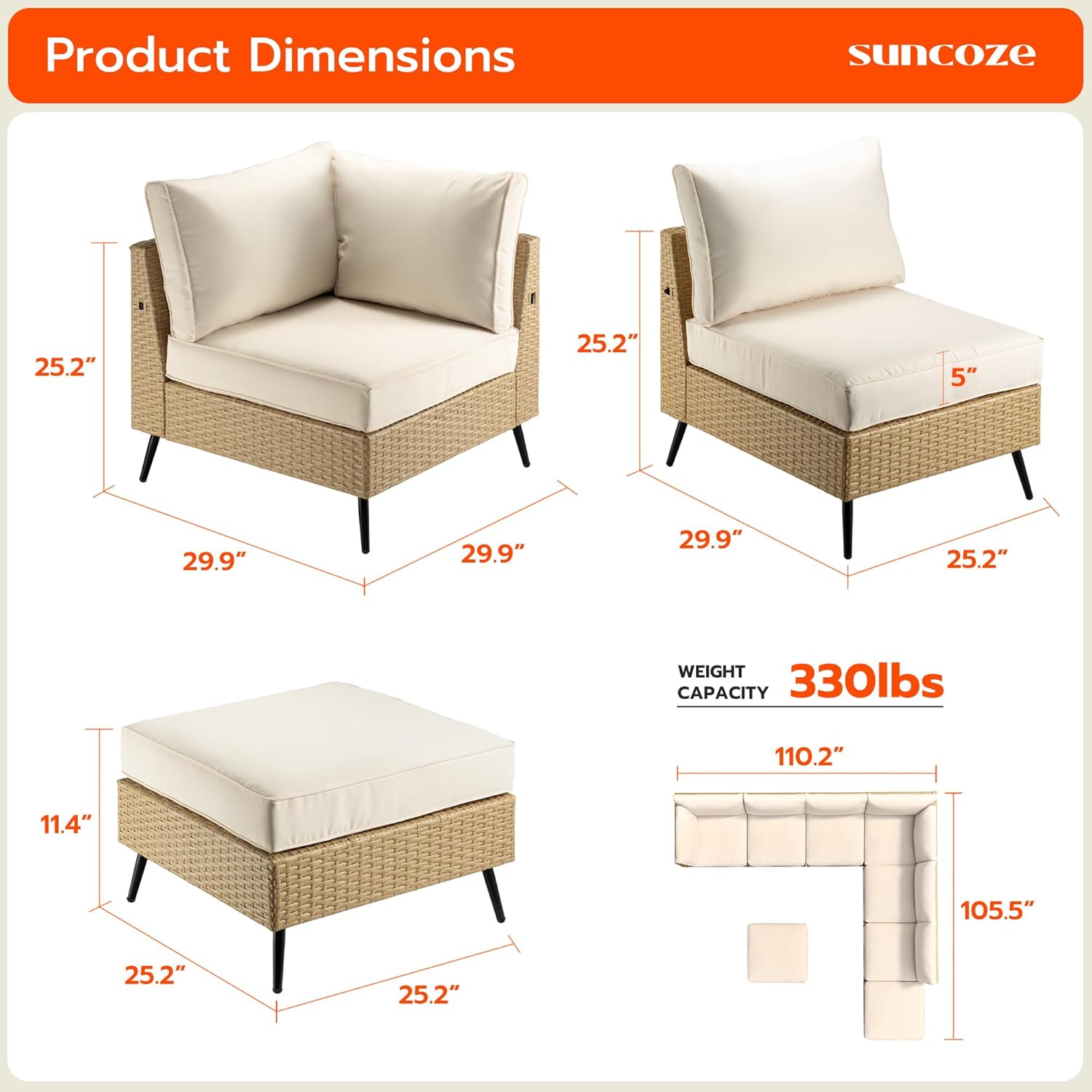 SUNCOZE 8 Pieces Outdoor Patio Furniture Sets, Outdoor Sectional Furniture PE Rattan Wicker Sofa Set, All Weather Patio Conversation Set with Cushion and Ottoman for Deck, Lawn and Pool