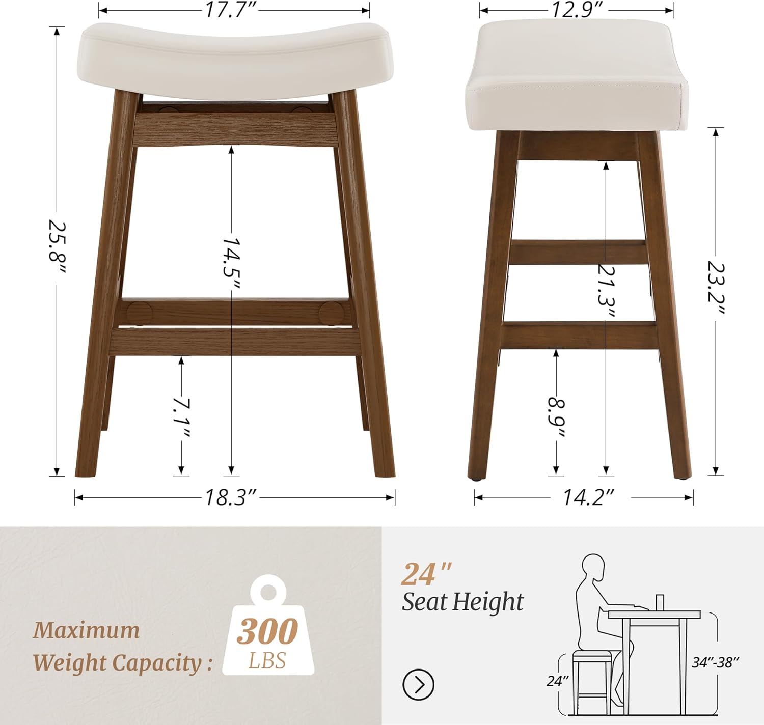 Bar Stools Set of 4, Barstools with Sturdy Wood Legs, Saddle Seat Counter Height Bar Stools for Kitchen Counter, Bar, Dining, 24 Inch Farmhouse Counter Stools, Antique White Leather