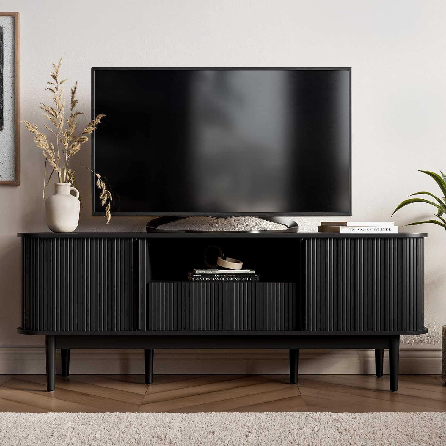 63" Black TV Stand, Fluted Entertainment Center for TVs up to 70'', Modern TV Stand with Storage, Entertainment Center with Sliding Doors, Wood Media Console for Bedroom, Living Room