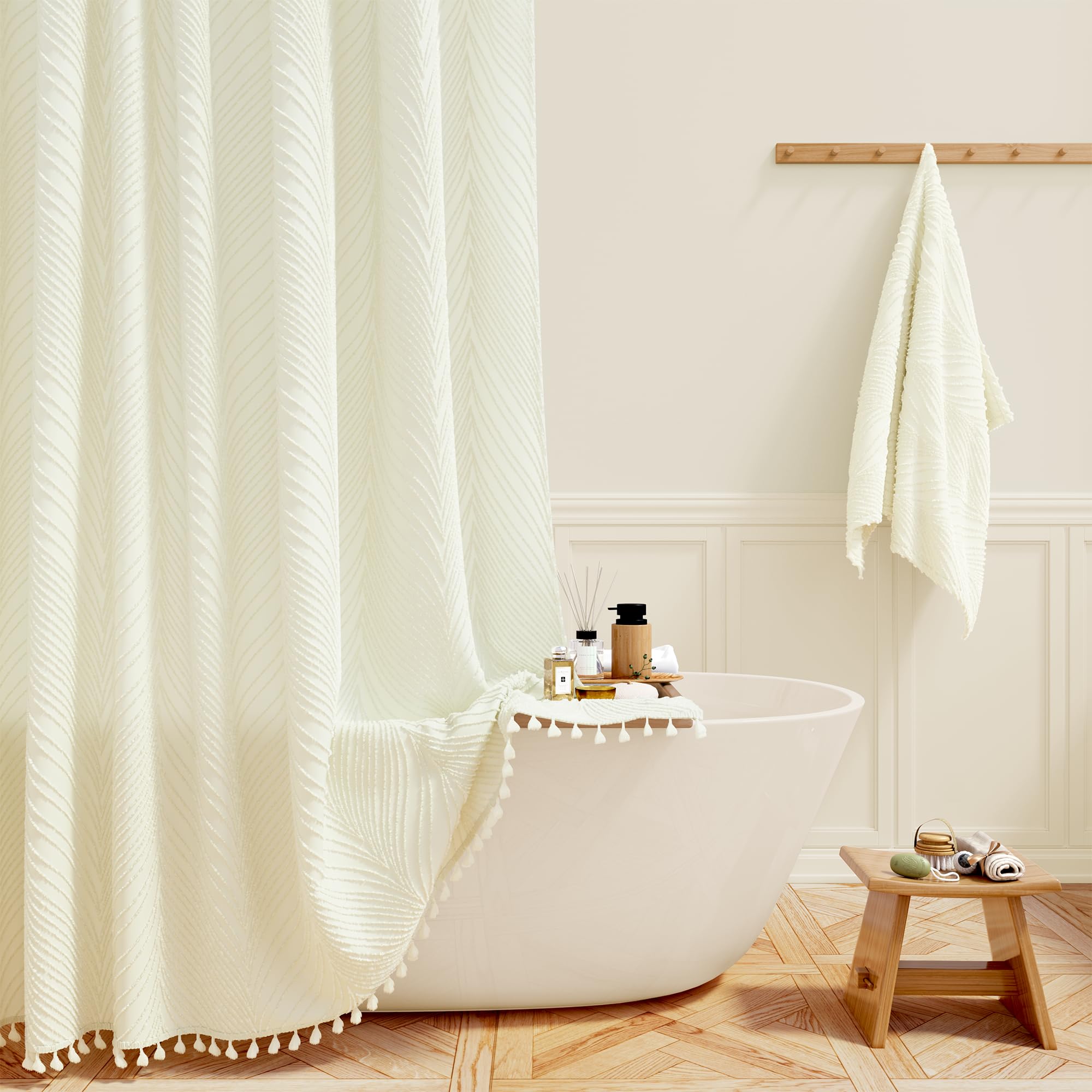 BTTN Stall Boho Shower Curtain - 36x72 Narrow Tufted Leaves Textured Striped Tassel Shower Curtain Set with 6 Hook, Water Repellent, Modern Farmhouse Vintage Fabric Shower Curtains for bathroom, White