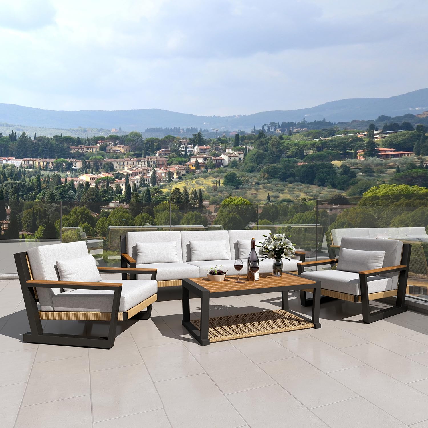 Aluminum Outdoor Sofa,4 Seats Modern Patio Furniture Set,Sectional Sofa Conversation Set with Coffee Table, Upgraded Washable Cushions for Garden Backyard,Grey