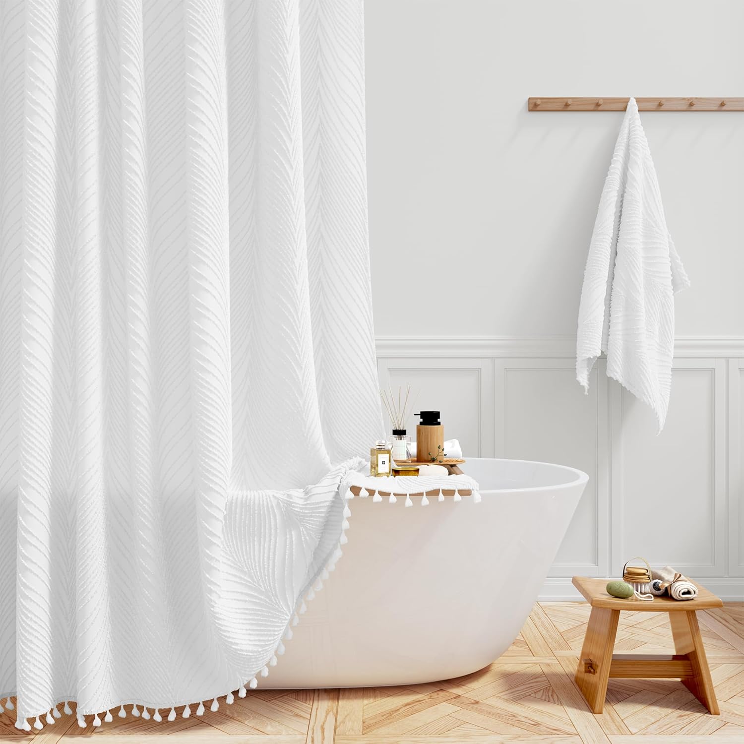 BTTN Stall Boho Shower Curtain - 36x72 Narrow Tufted Leaves Textured Striped Tassel Shower Curtain Set with 6 Hook, Water Repellent, Modern Farmhouse Vintage Fabric Shower Curtains for bathroom, White